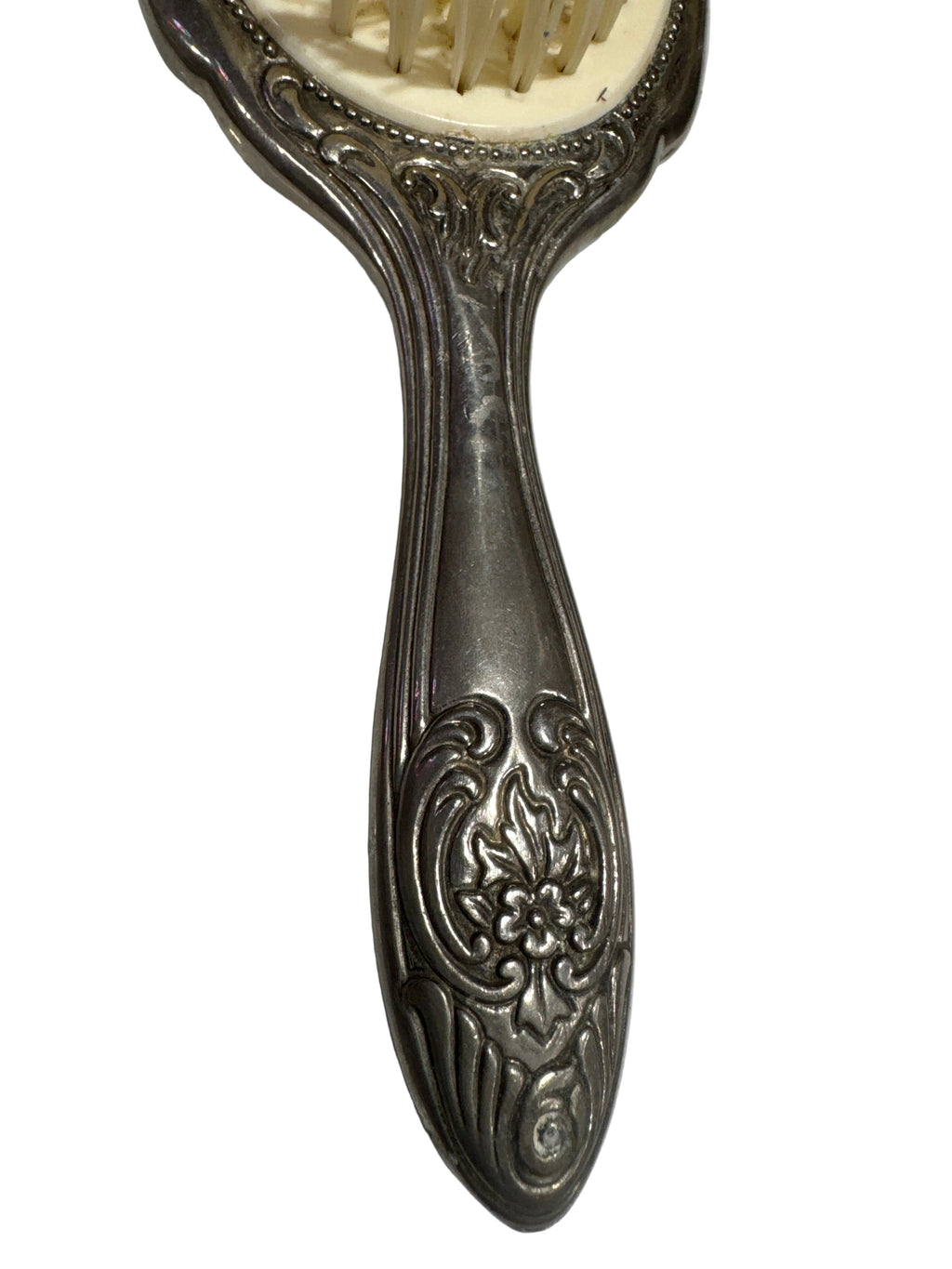 Vintage Silver-Plated Hairbrush featuring Embossed Floral Scrollwork