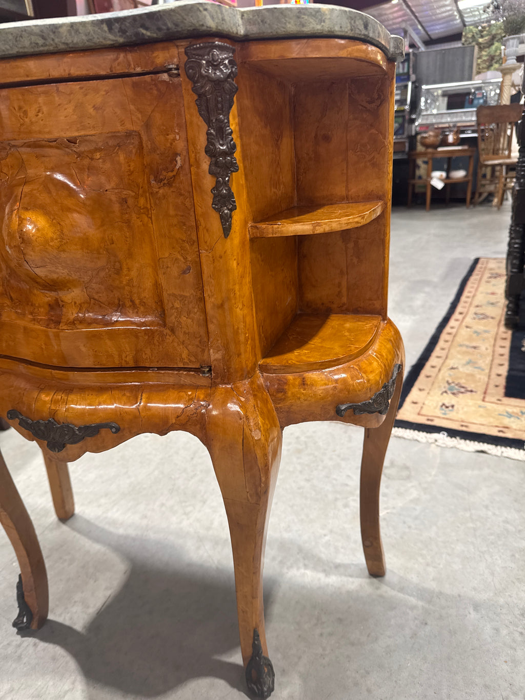 Antique French Louis XV Style Burl Commode with a Green Marble Top, Distinctive Burled Wood