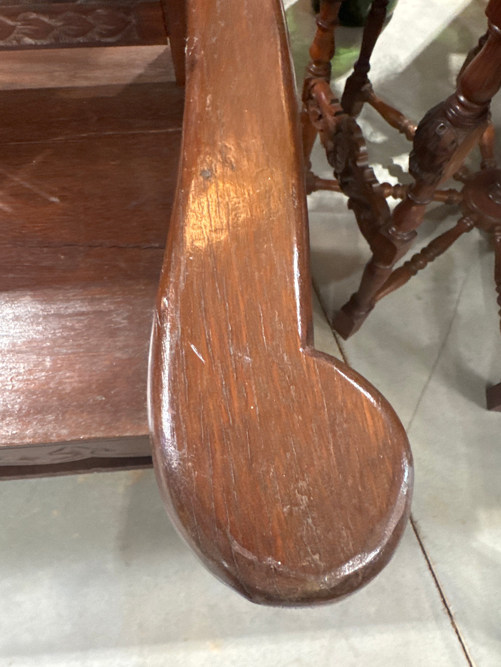 Vintage Large Hand Carved Thai “Porch” Bench with Small Storage Door Underneath-K
