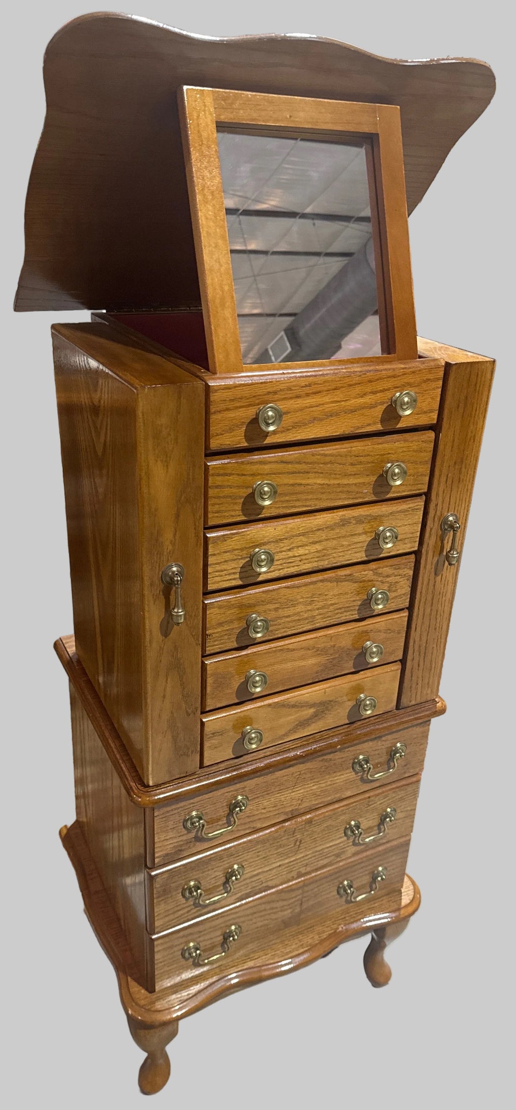Queen Anne Style Oak Jewelry Chest, 42”H