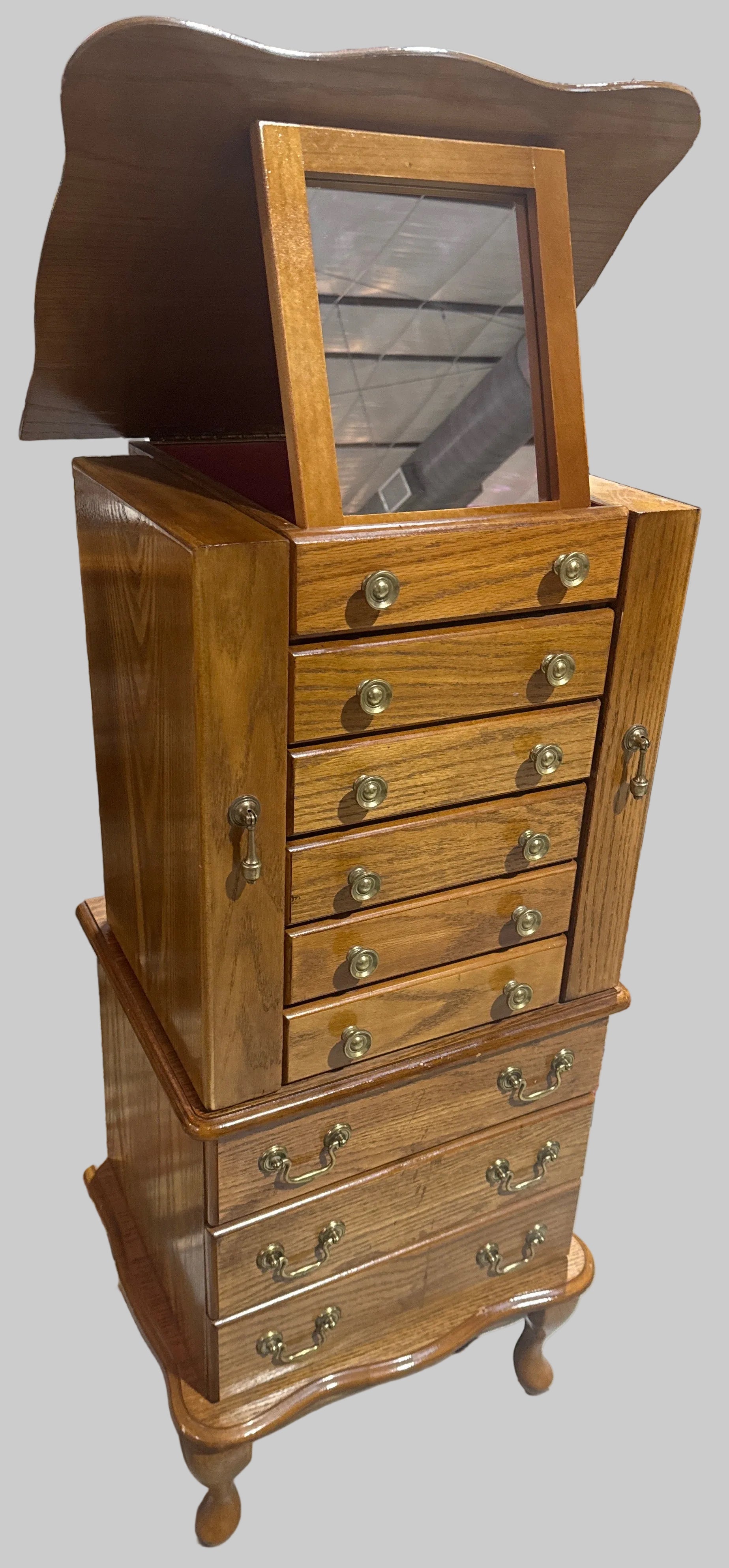 Queen Anne Style Oak Jewelry Chest, 42”H