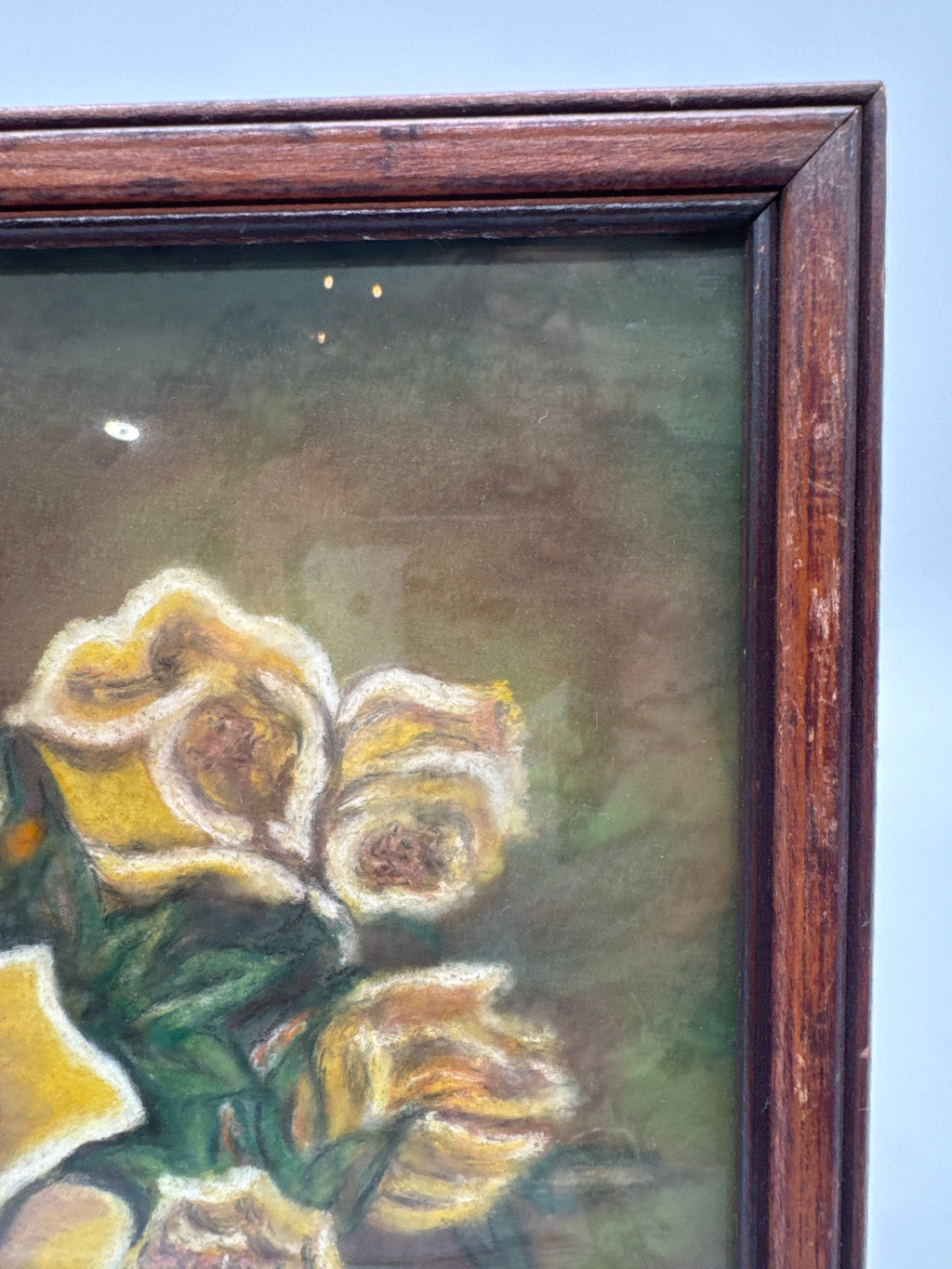 Vintage 1945 Signed & Dated Framed Still-Life Pastel Painting, Bouquet of Yellow Roses in a Blue Vase, Signed A. Clare Killam