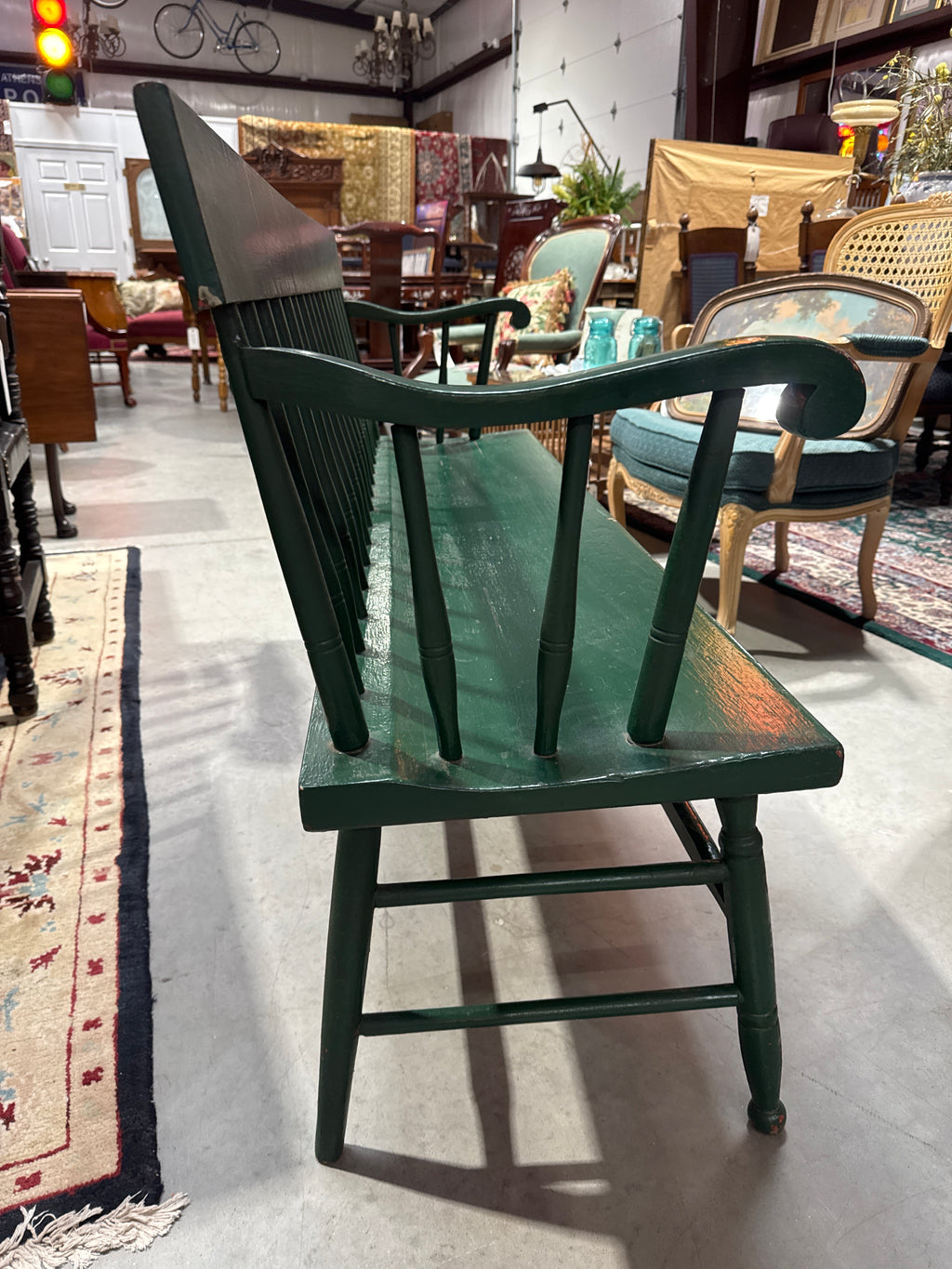 Vintage Wooden Spindle Back Green Painted Windsor Deacon’s Bench