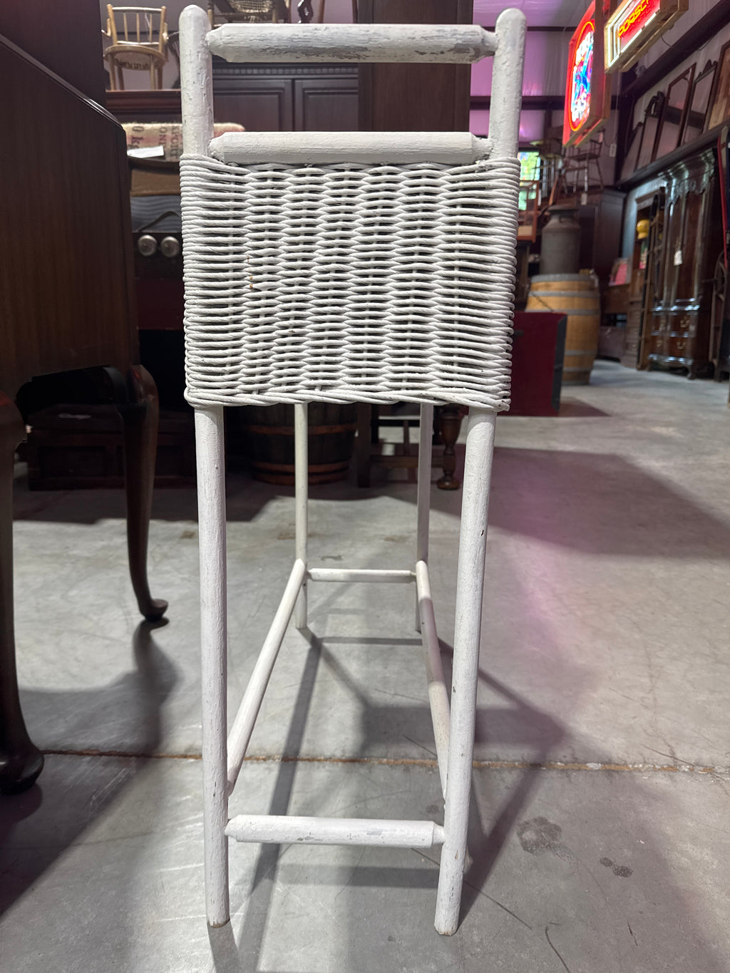 Vintage White Wicker Planter Stand with Metal Insert
