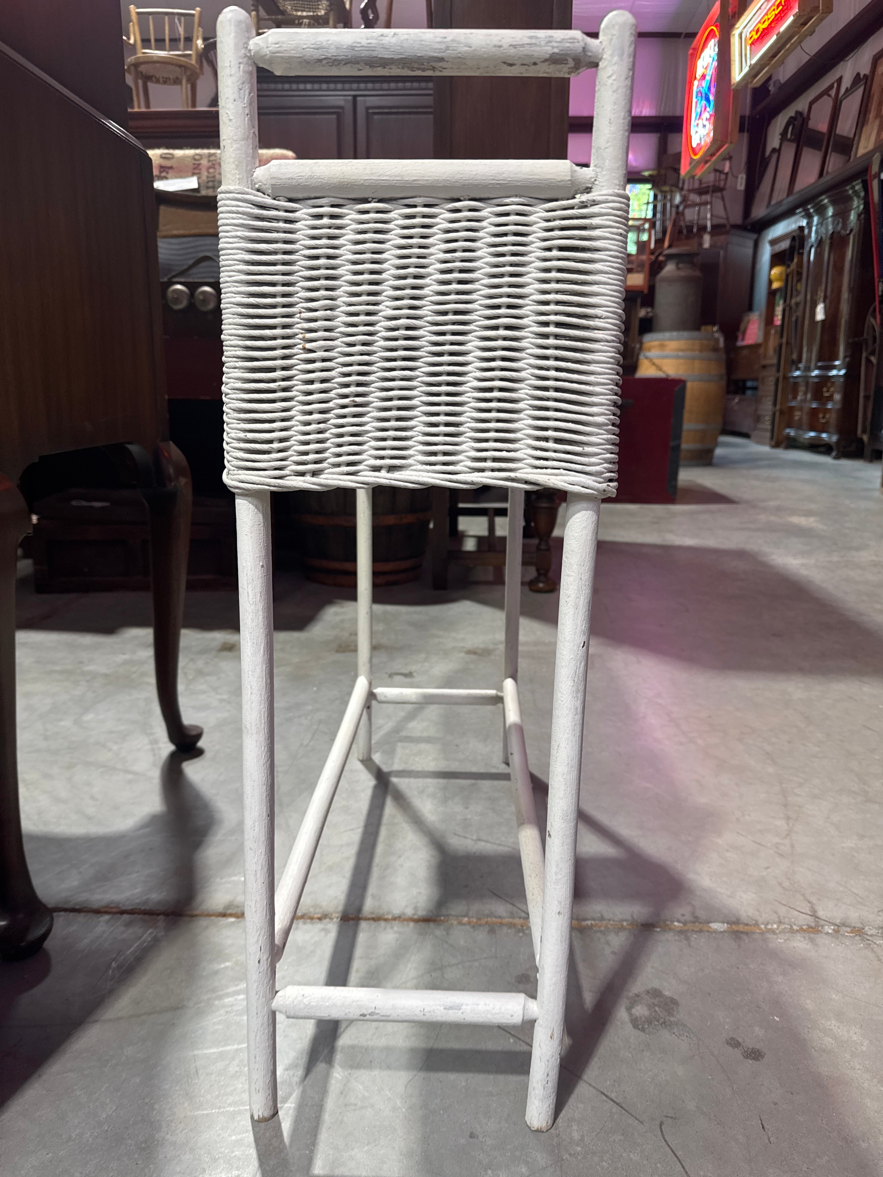 Vintage White Wicker Planter Stand with Metal Insert