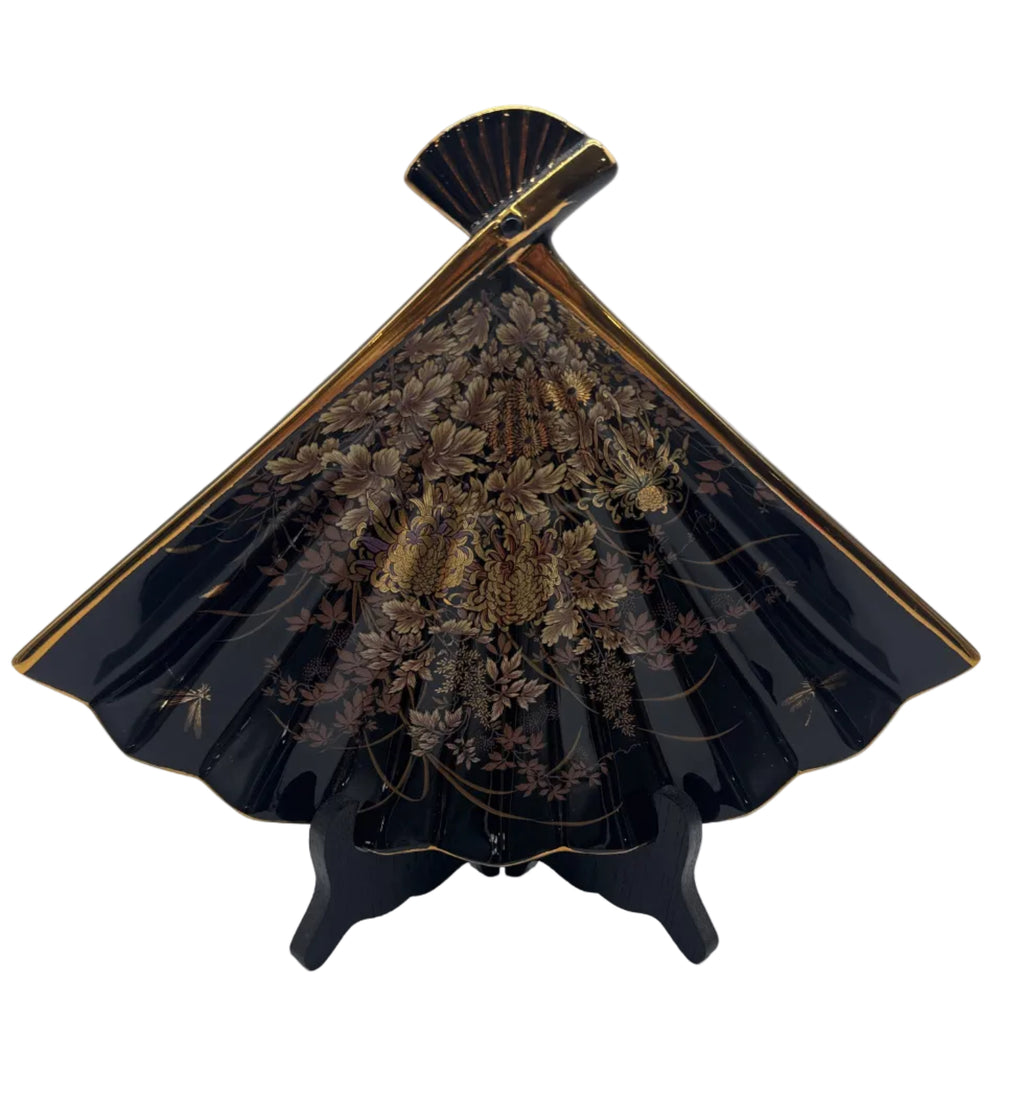 Vintage Japanese Black Porcelain Fan Plate or Trinket Dish-Toyo Japan