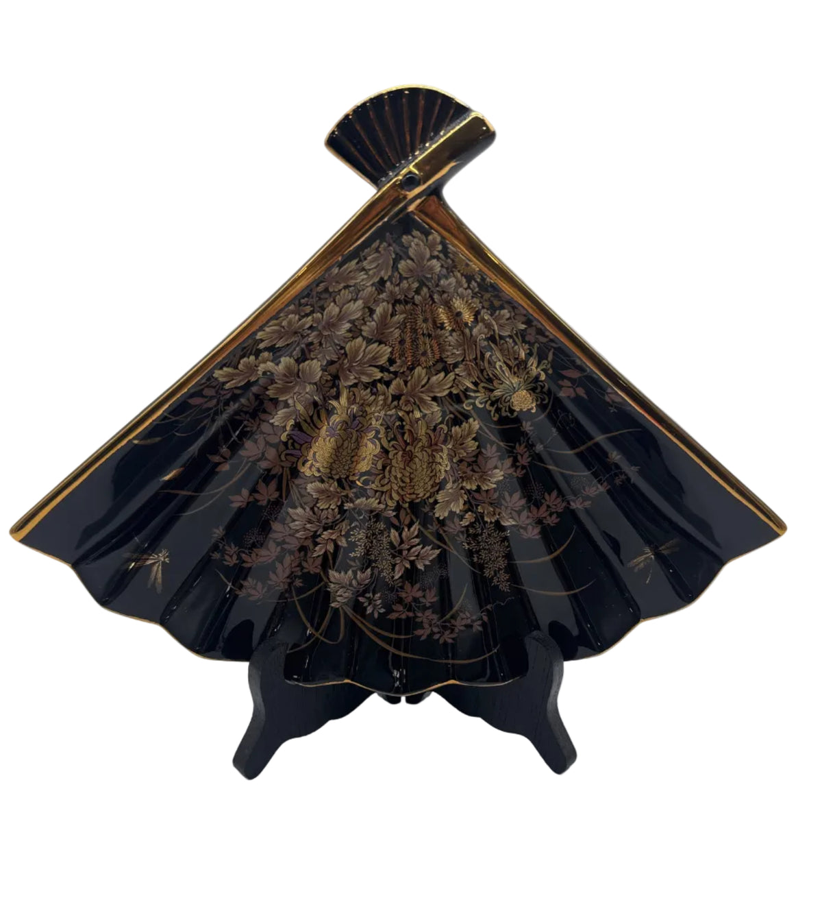 Vintage Japanese Black Porcelain Fan Plate or Trinket Dish-Toyo Japan