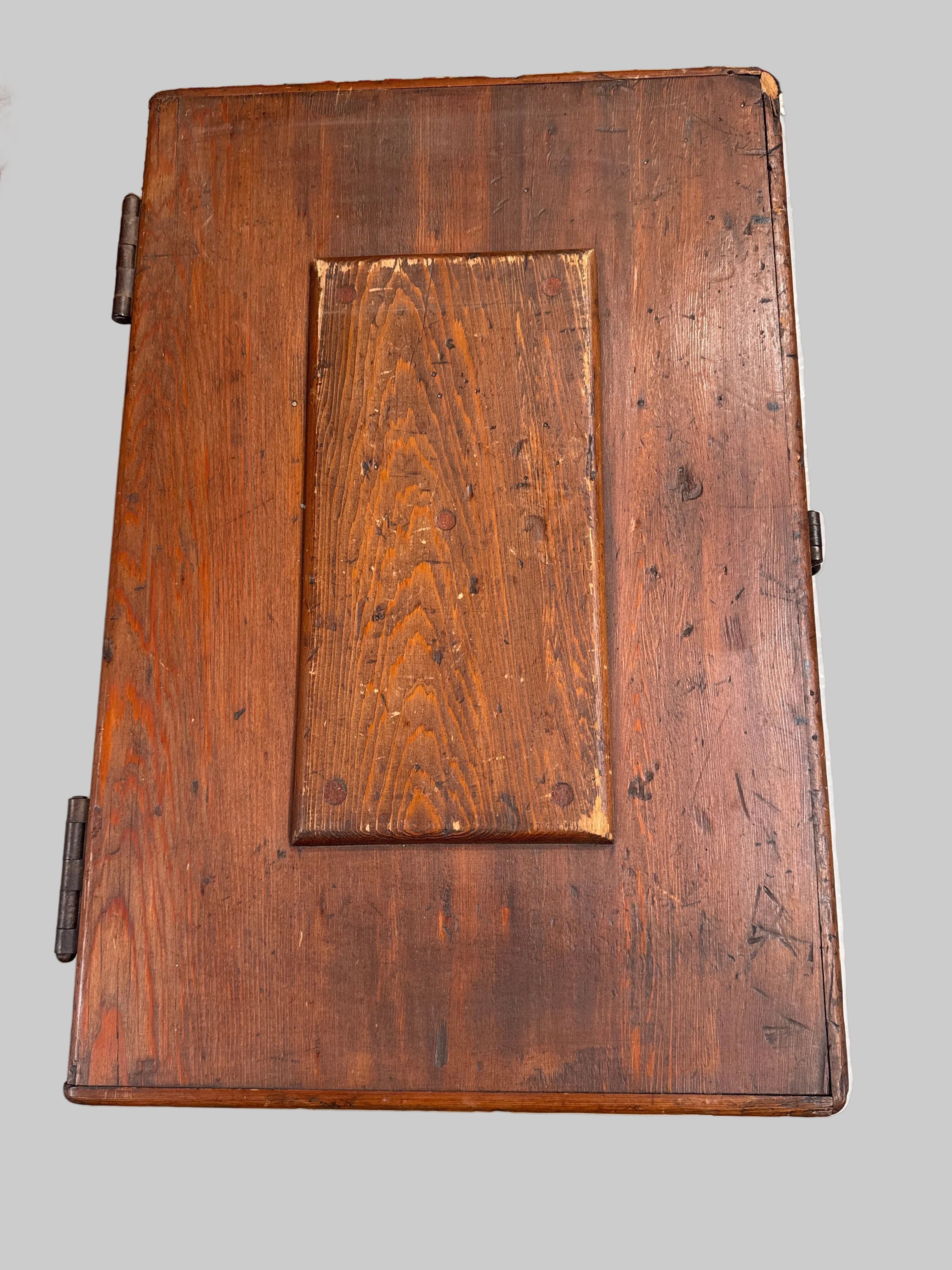 Antique Late 19th Century Primitive Lift Top Wood Carpentry Chest Trunk with Wrought Iron Latch