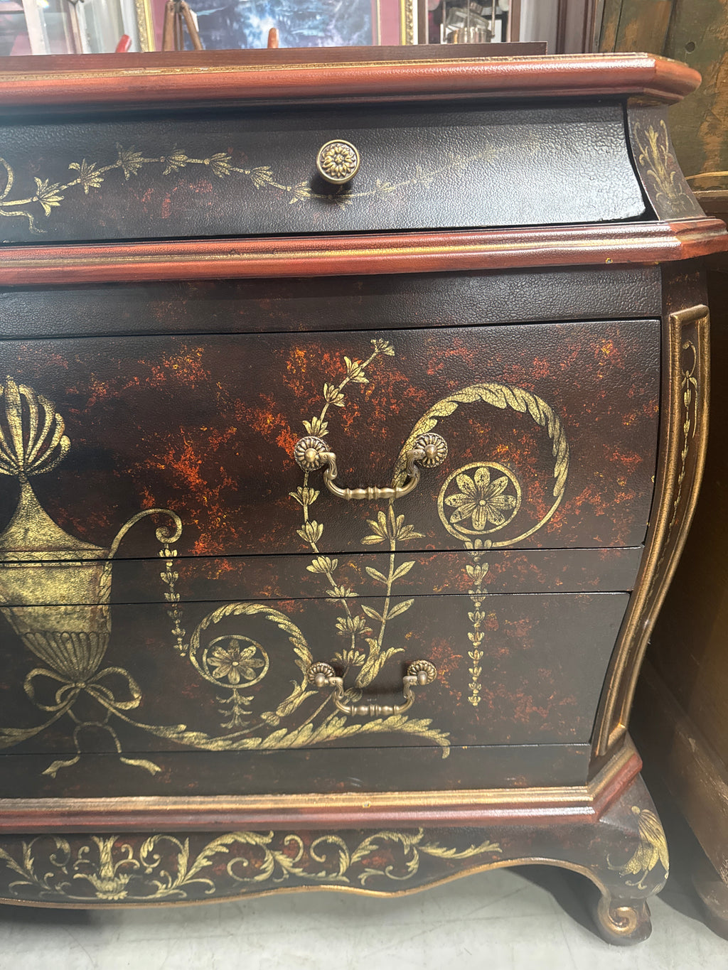 Grecian Style 3 Drawer Bombe Commode with Black & Gold Design