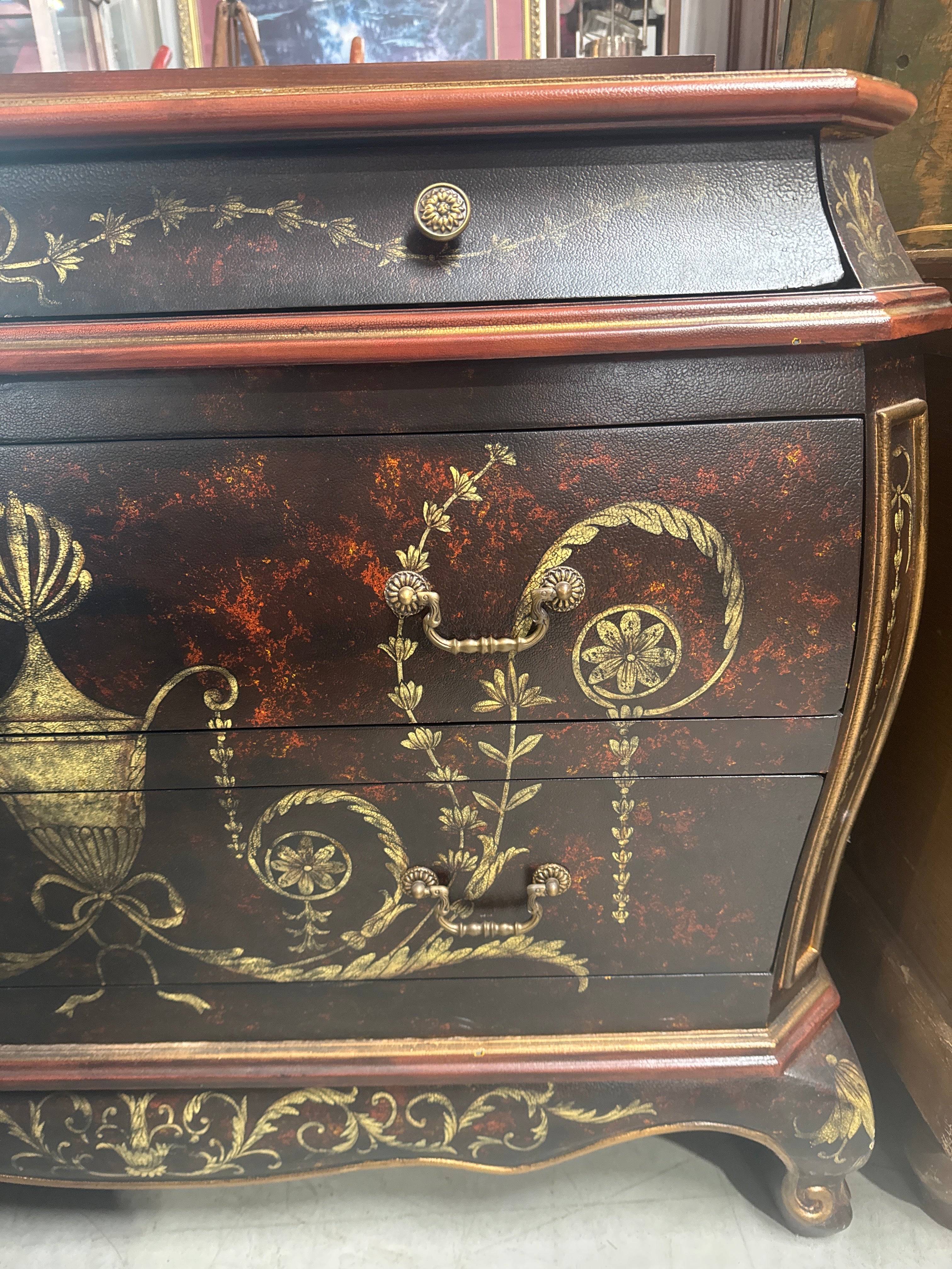 Grecian Style 3 Drawer Bombe Commode with Black & Gold Design