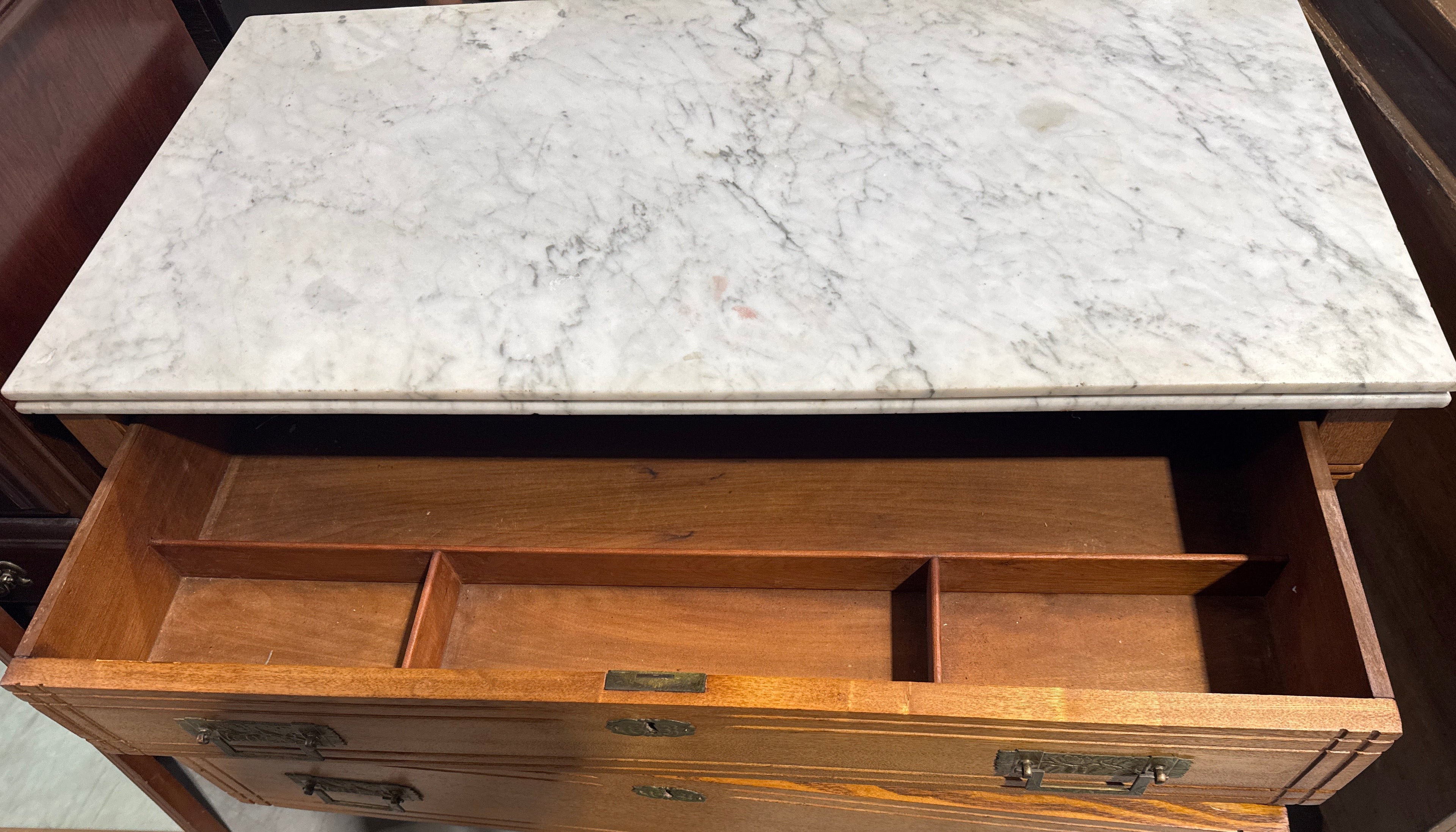 Vintage Campaign-Style 3 Drawer with Brass Hardware and a White Marble Top-K