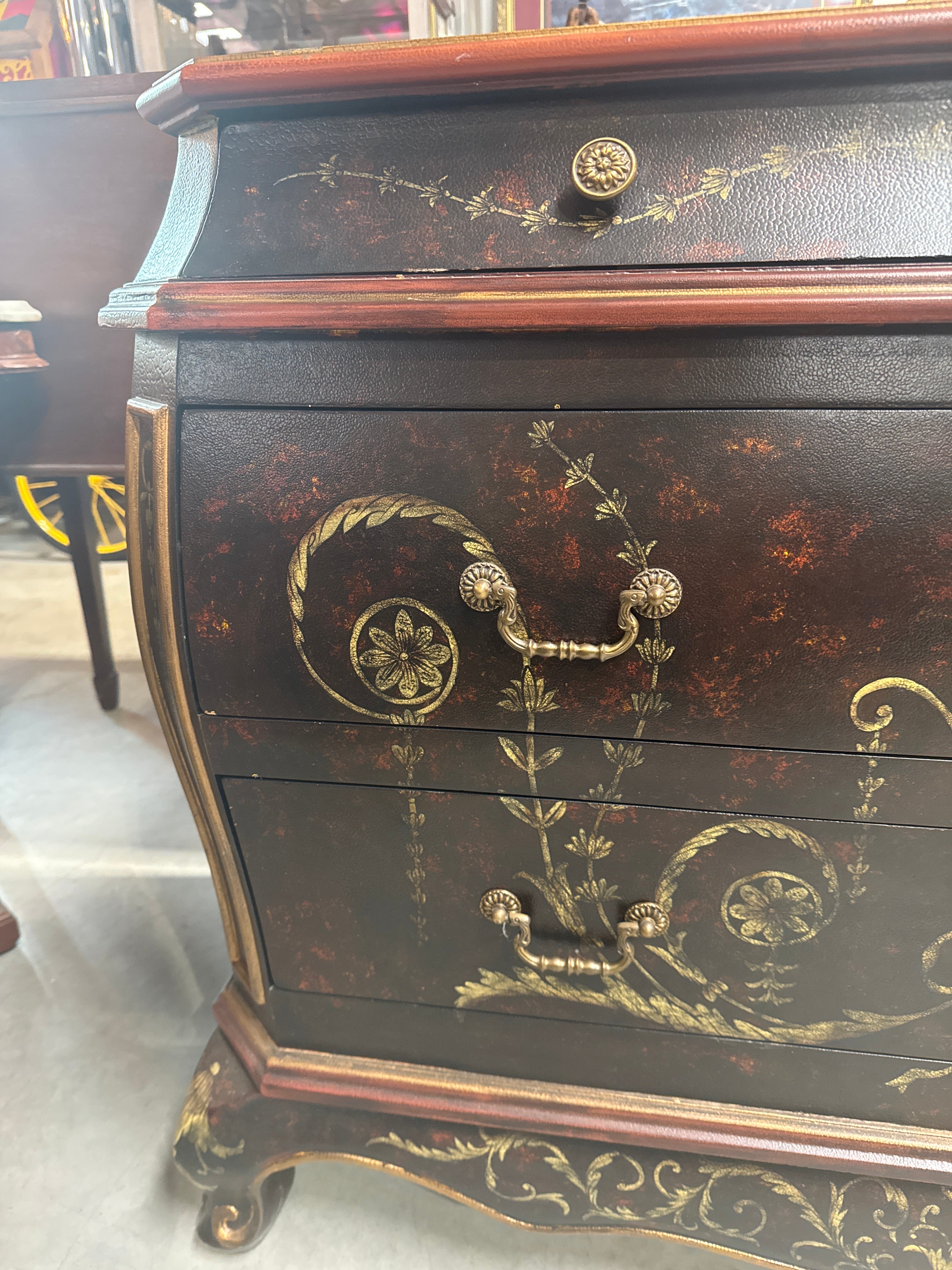 Grecian Style 3 Drawer Bombe Commode with Black & Gold Design