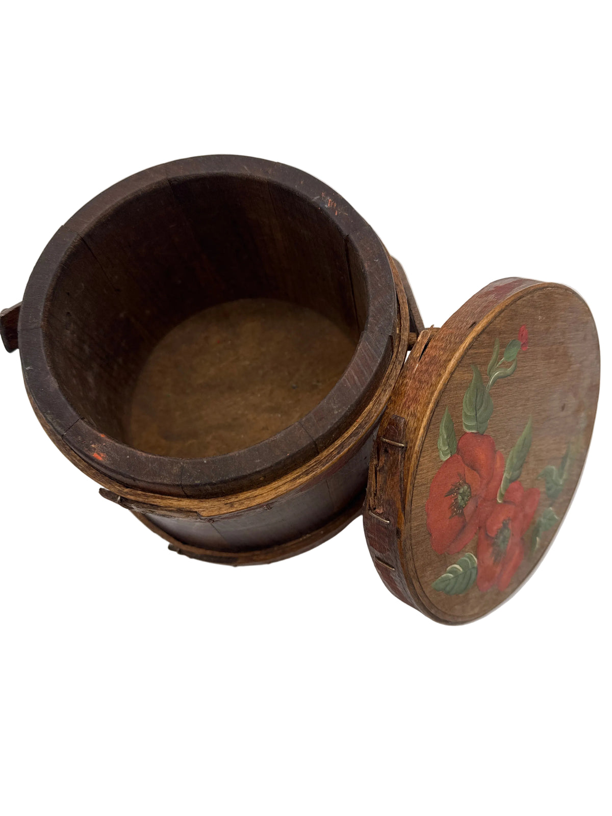 Antique Wooden Firkin Sugar Bucket with Red Poppy Hand Painted Flowers