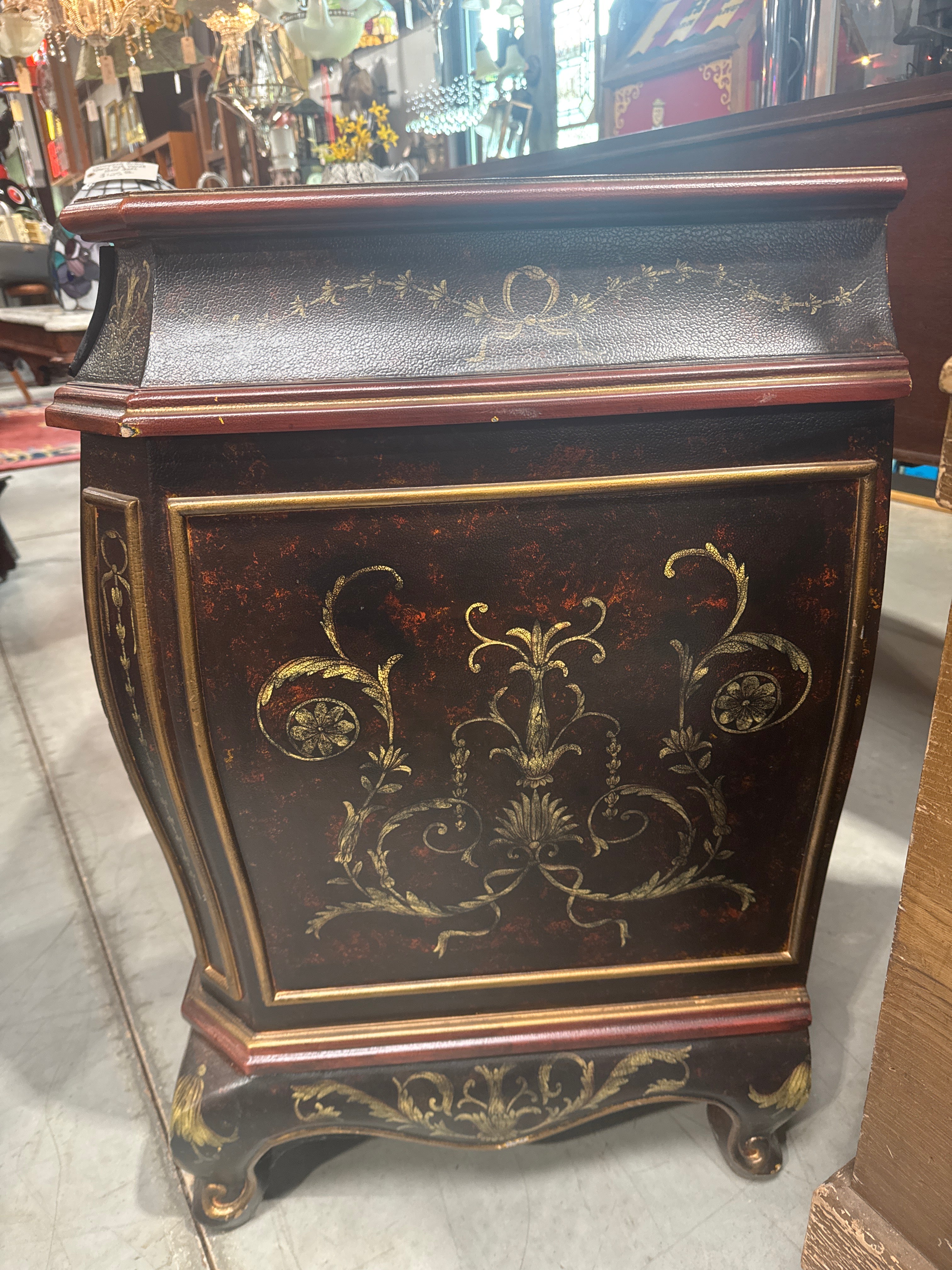Grecian Style 3 Drawer Bombe Commode with Black & Gold Design