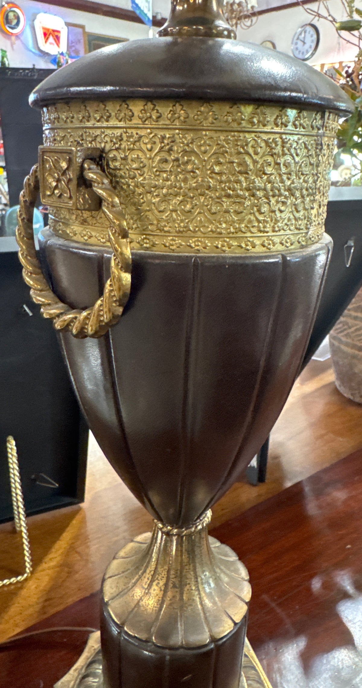 Vintage Neoclassical-Style Leather & Brass Urn Table Lamp