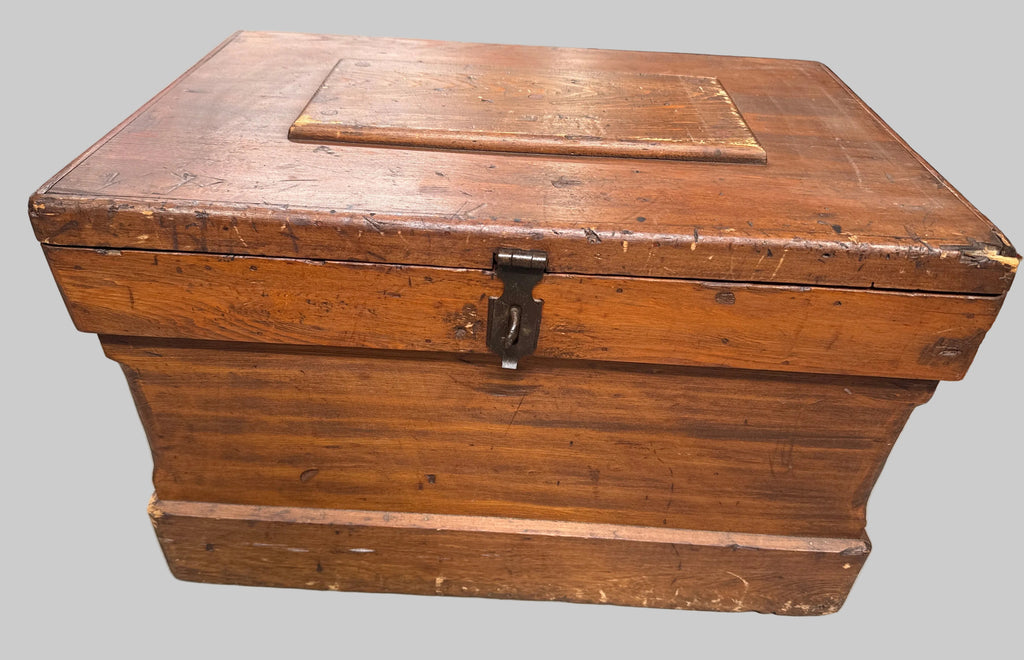 Antique Late 19th Century Primitive Lift Top Wood Carpentry Chest Trunk with Wrought Iron Latch