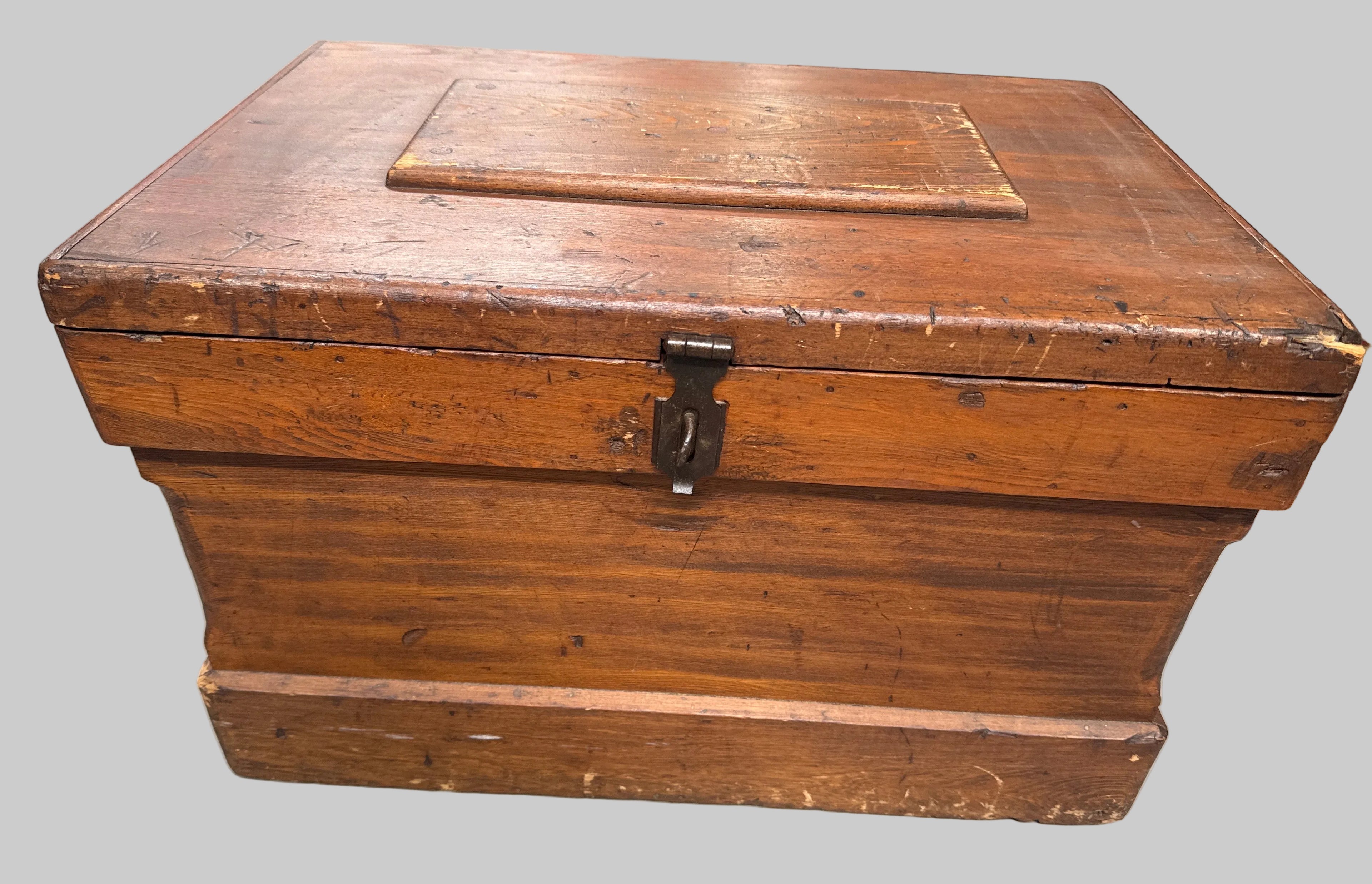 Antique Late 19th Century Primitive Lift Top Wood Carpentry Chest Trunk with Wrought Iron Latch