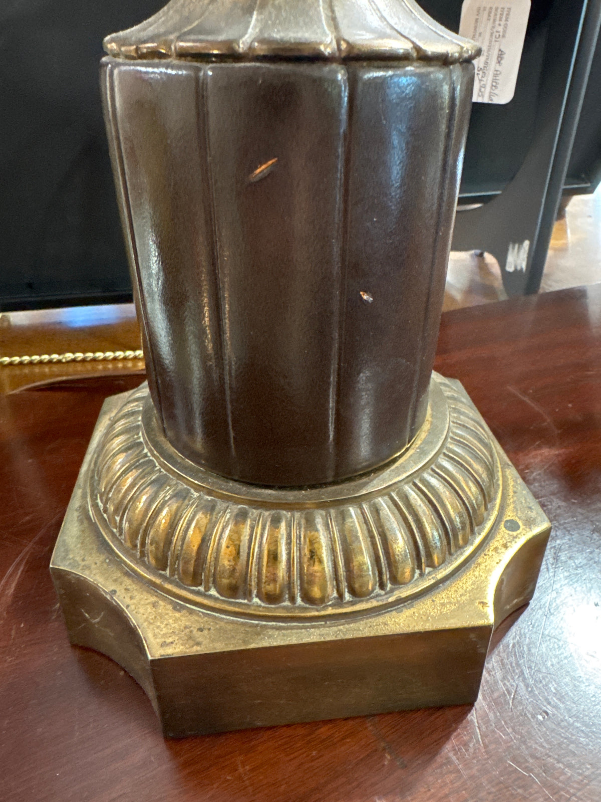 Vintage Neoclassical-Style Leather & Brass Urn Table Lamp