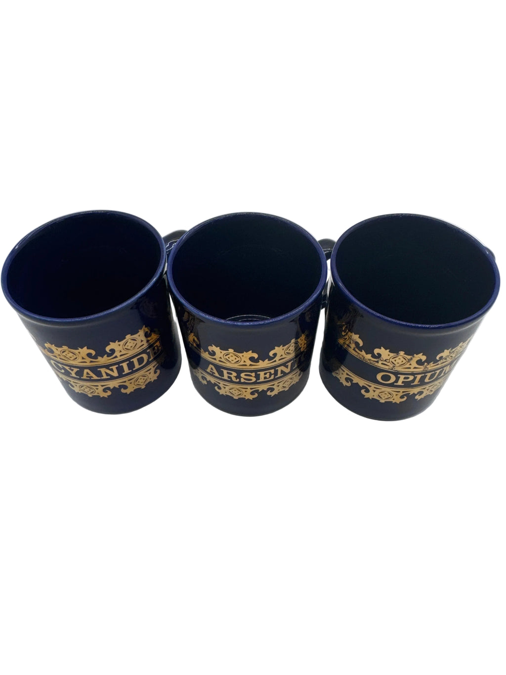 “What’s Your Poison? Vintage 1960s Cobalt Blue and Gold Transfer Ceramic Apothecary "Poison" Mugs
