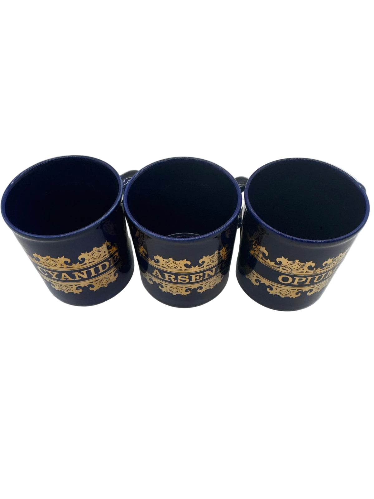“What’s Your Poison? Vintage 1960s Cobalt Blue and Gold Transfer Ceramic Apothecary "Poison" Mugs
