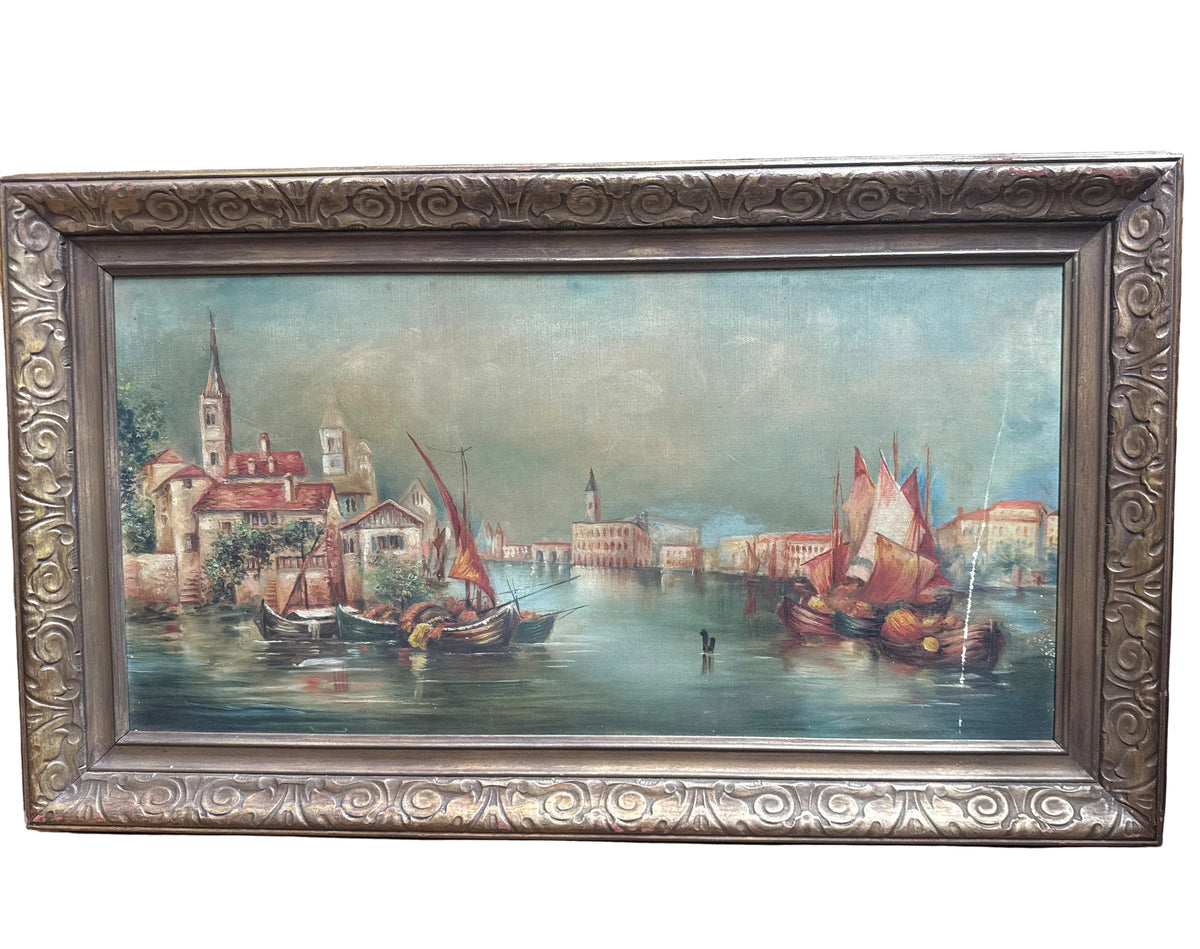 Antique Gold Frame Oil on Canvas of a Venitian Canal Scene
