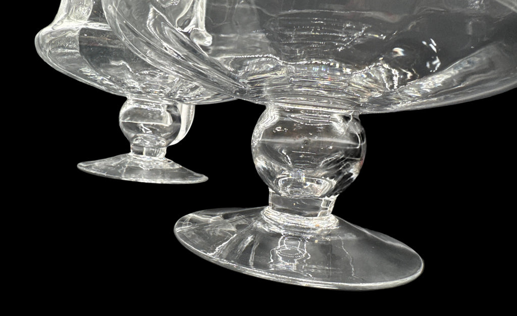 Pair of Clear Glass Fluted Top Hurricane Vases with Stemmed Pedestal Foot