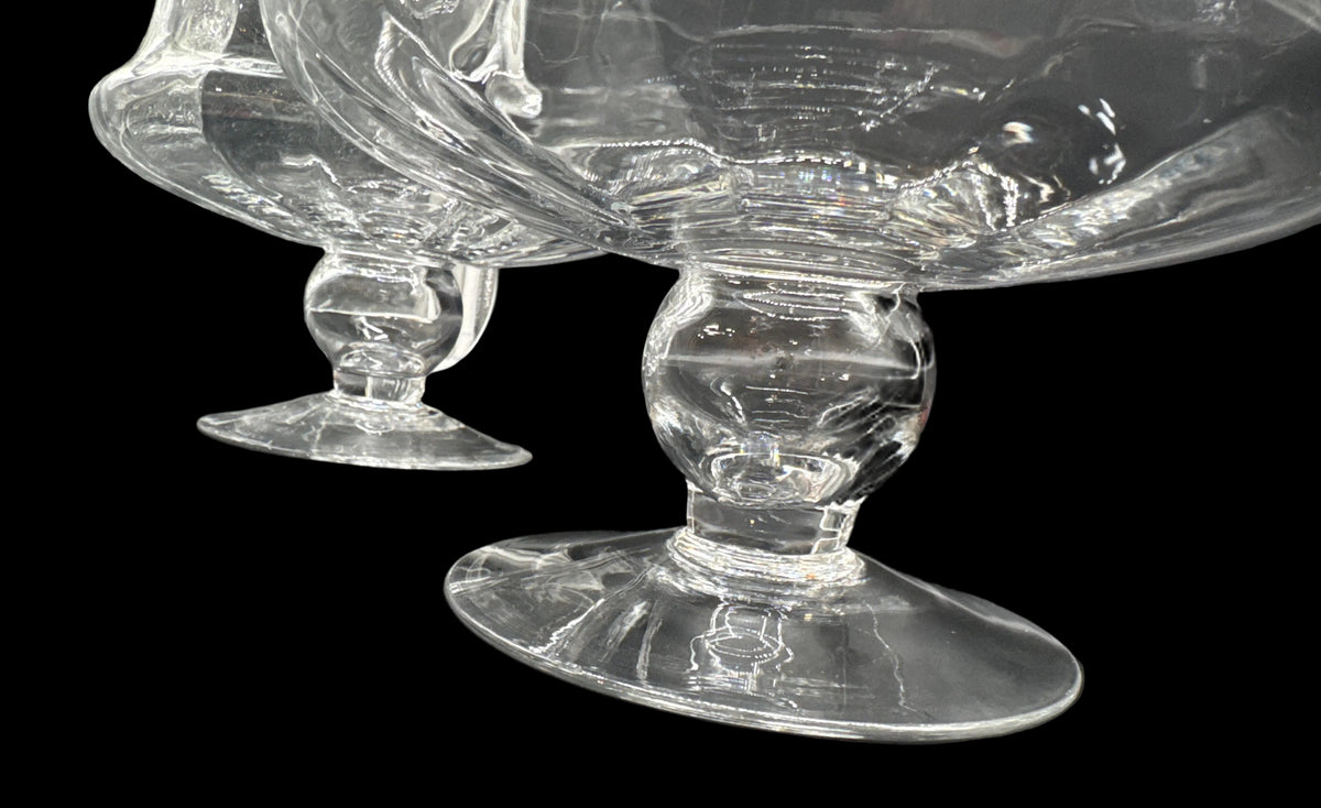 Pair of Clear Glass Fluted Top Hurricane Vases with Stemmed Pedestal Foot
