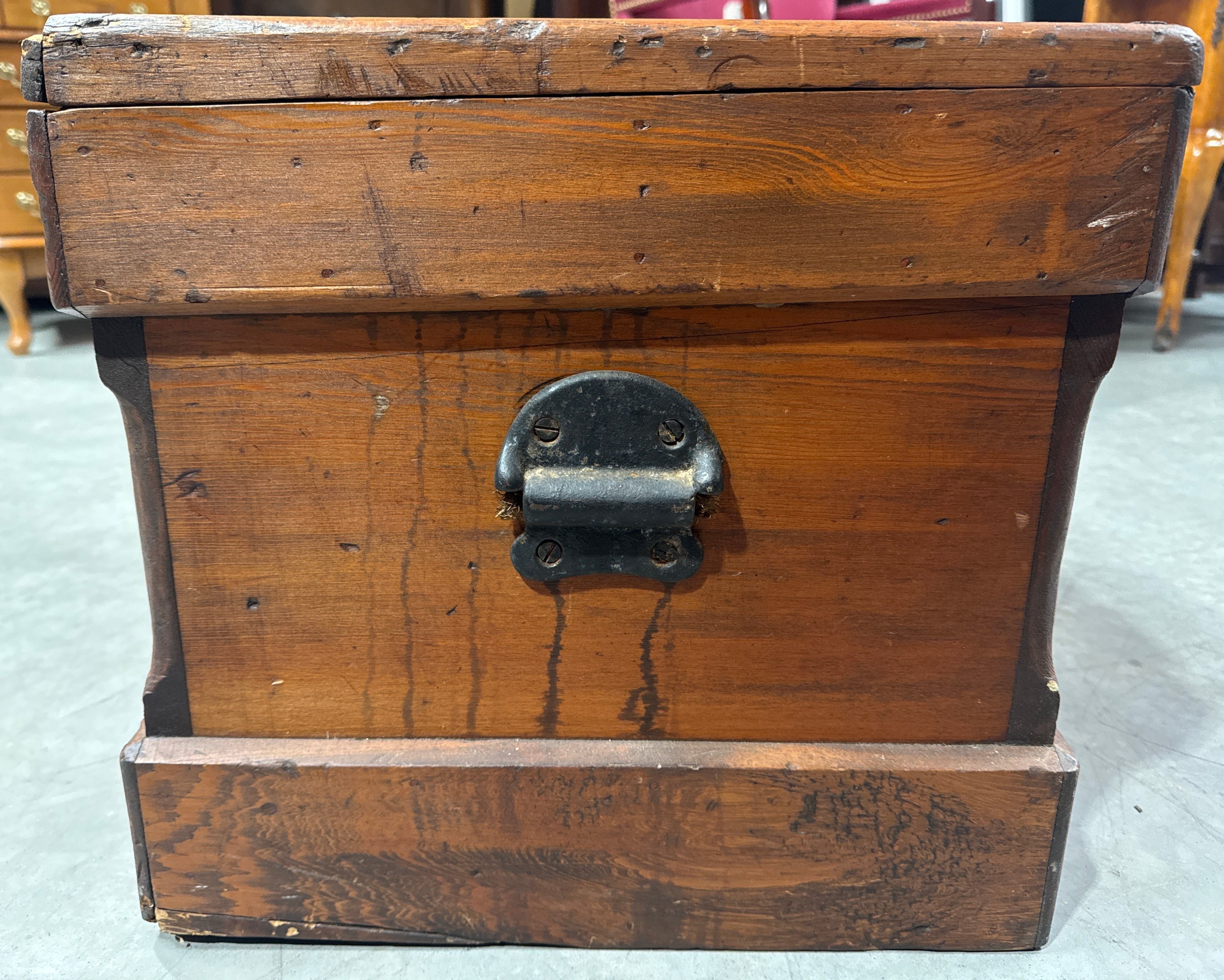 Antique Late 19th Century Primitive Lift Top Wood Carpentry Chest Trunk with Wrought Iron Latch