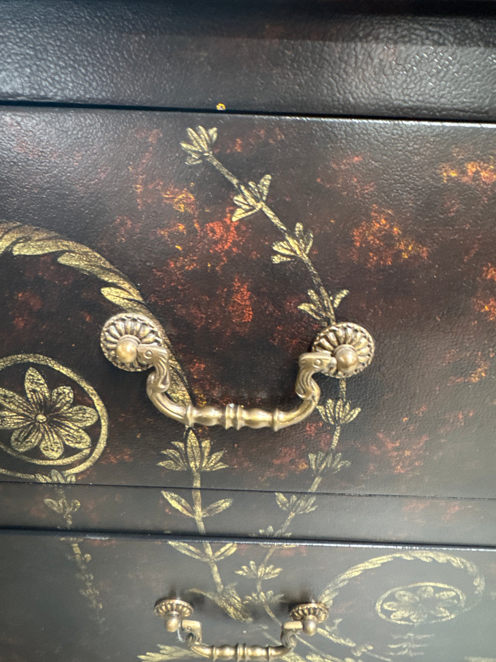 Grecian Style 3 Drawer Bombe Commode with Black & Gold Design