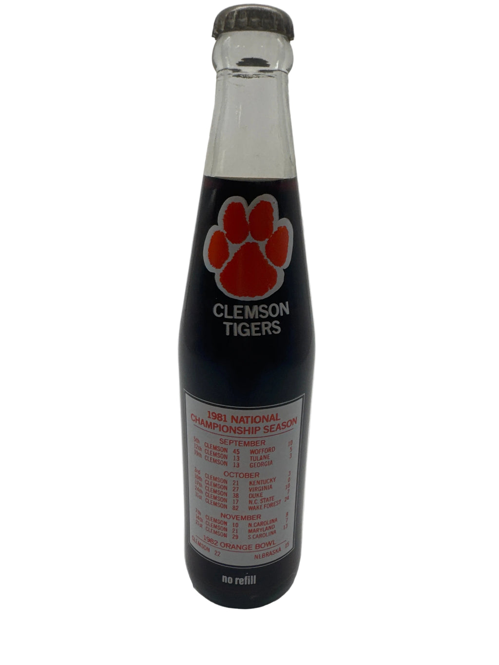 1981 CLEMSON TIGERS NATIONAL CHAMPIONS 10 oz COCA-COLA BOTTLE