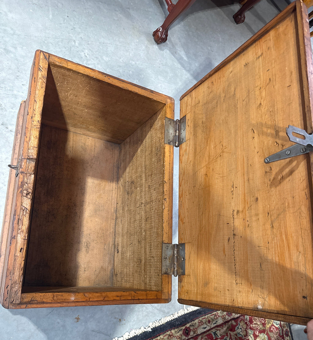 Antique Late 19th Century Primitive Lift Top Wood Carpentry Chest Trunk with Wrought Iron Latch