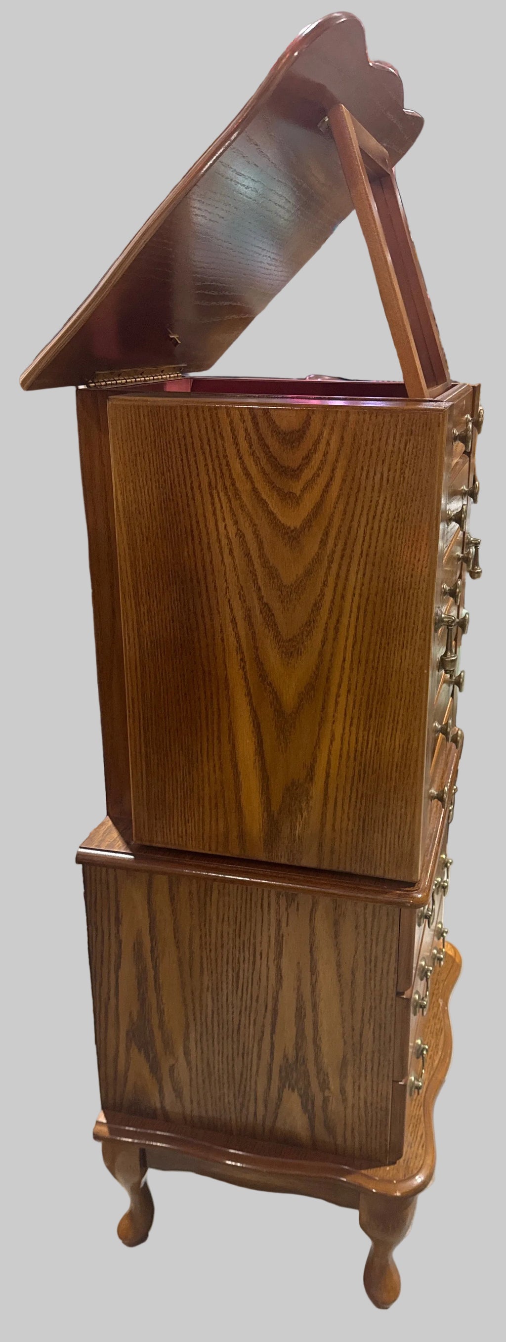 Queen Anne Style Oak Jewelry Chest, 42”H