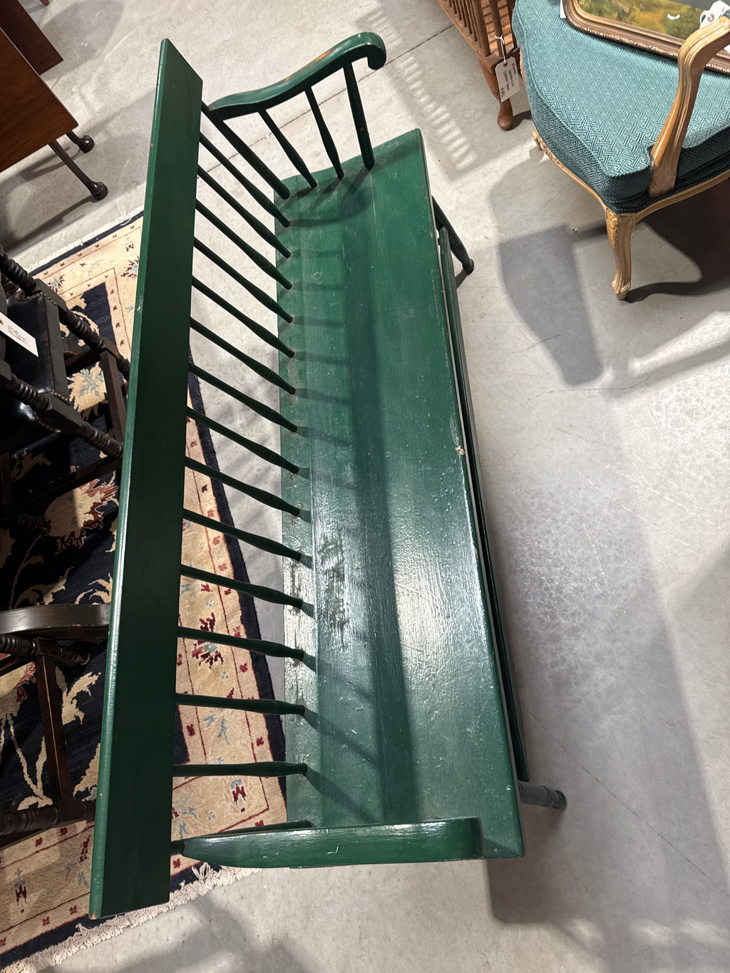 Vintage Wooden Spindle Back Green Painted Windsor Deacon’s Bench