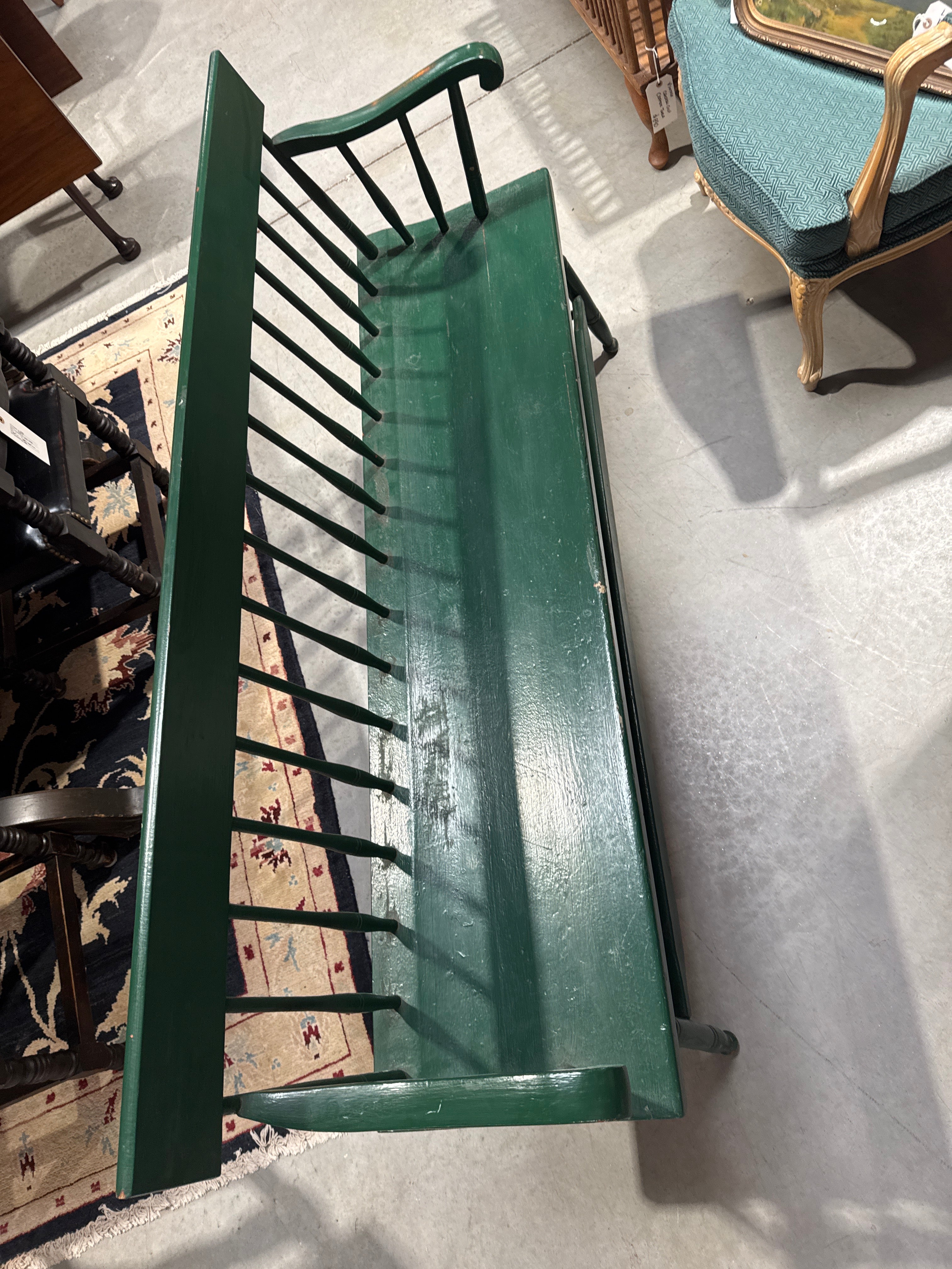 Vintage Wooden Spindle Back Green Painted Windsor Deacon’s Bench