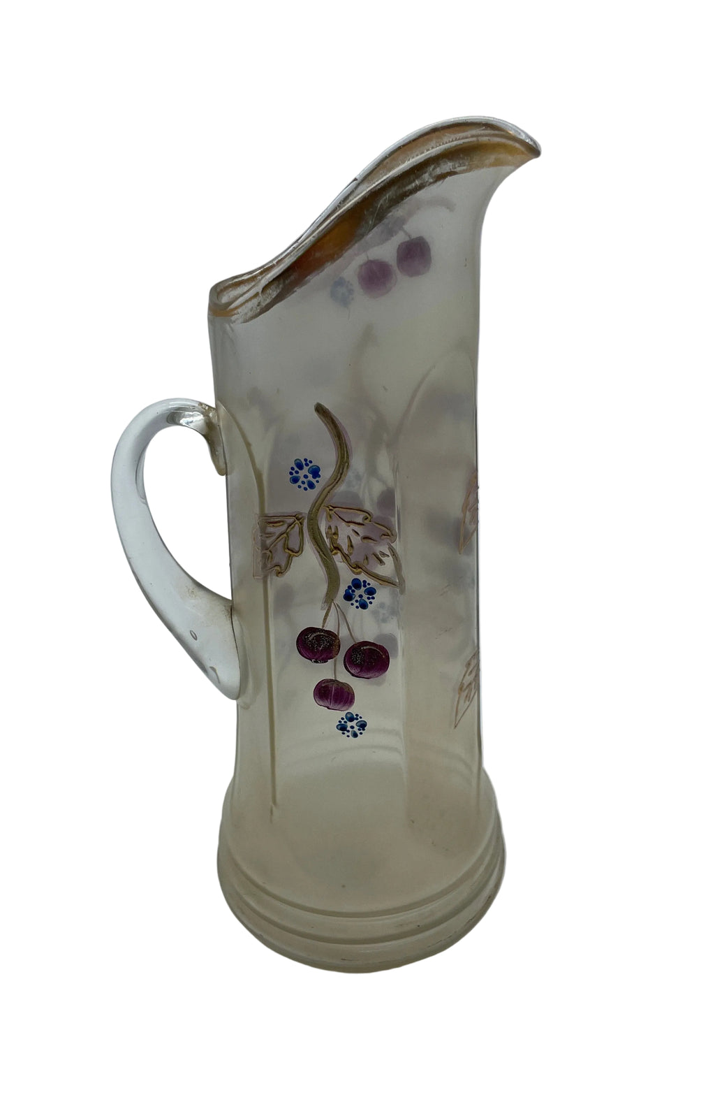 ANTIQUE 19th c Northwood #7217 hand painted frosted glass cherry pitcherj
