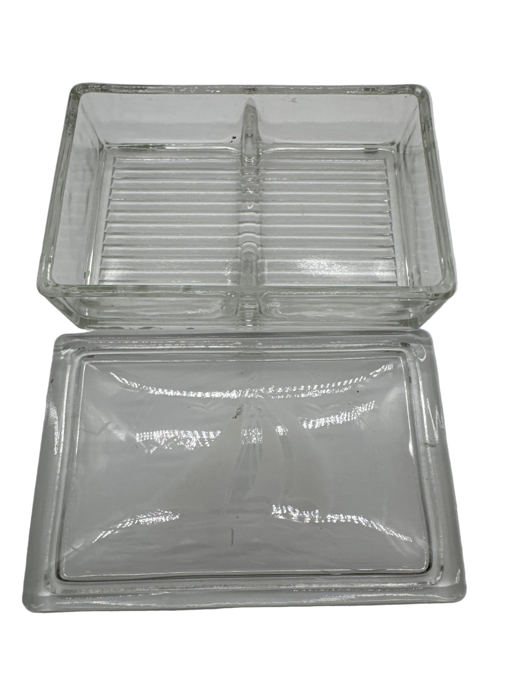 Vintage Clear Glass Playing Card Box with Removable Etched Sailboat Lid