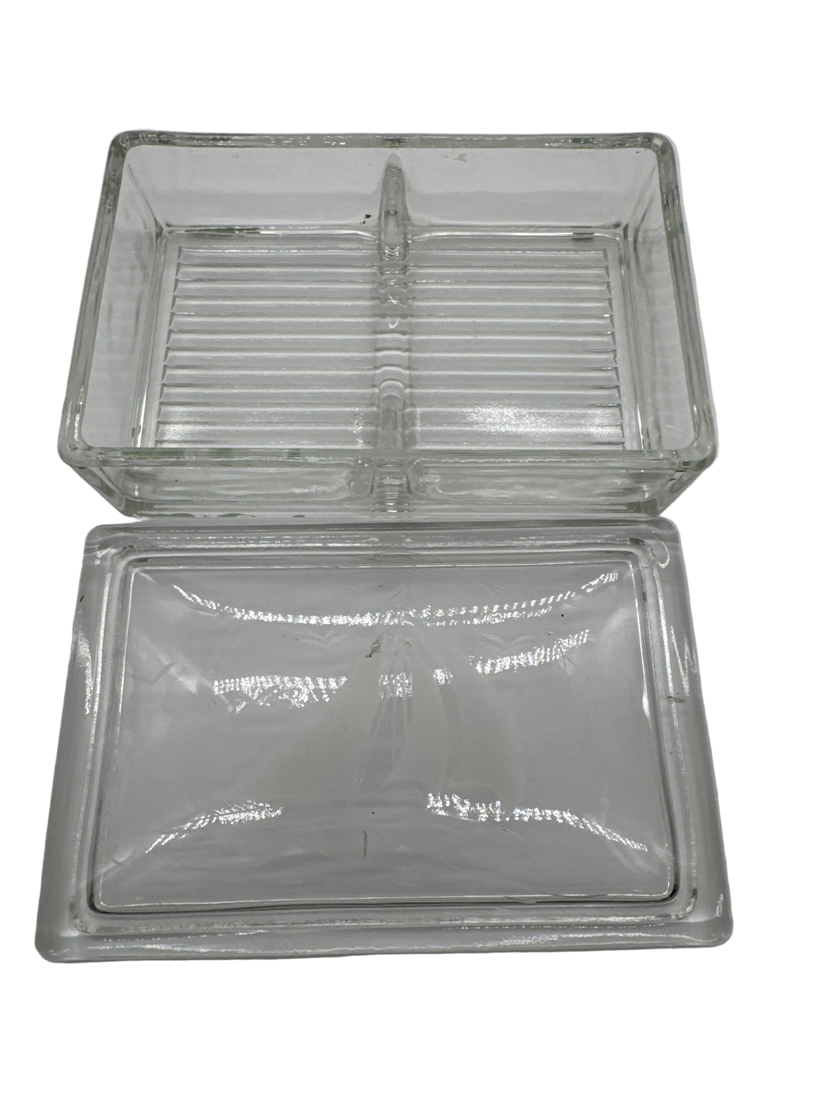 Vintage Clear Glass Playing Card Box with Removable Etched Sailboat Lid