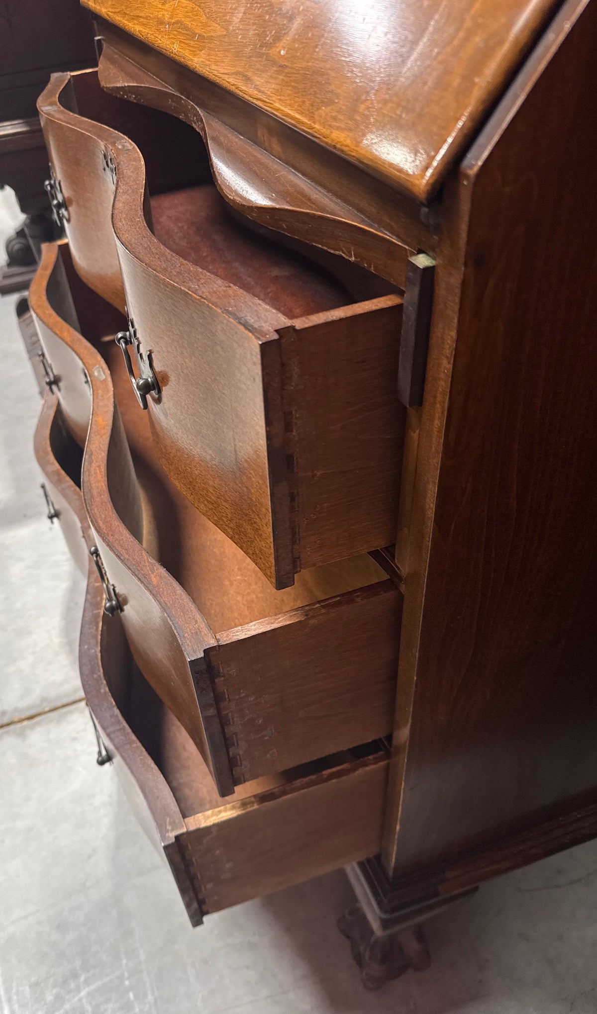 Vintage Serpentine Front Walnut Ball & Claw Secretary Desk