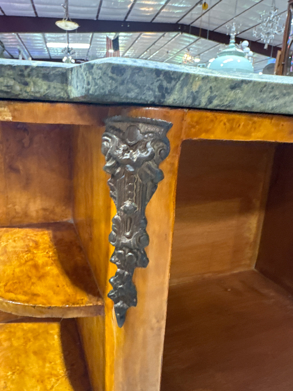 Antique French Louis XV Style Burl Commode with a Green Marble Top, Distinctive Burled Wood