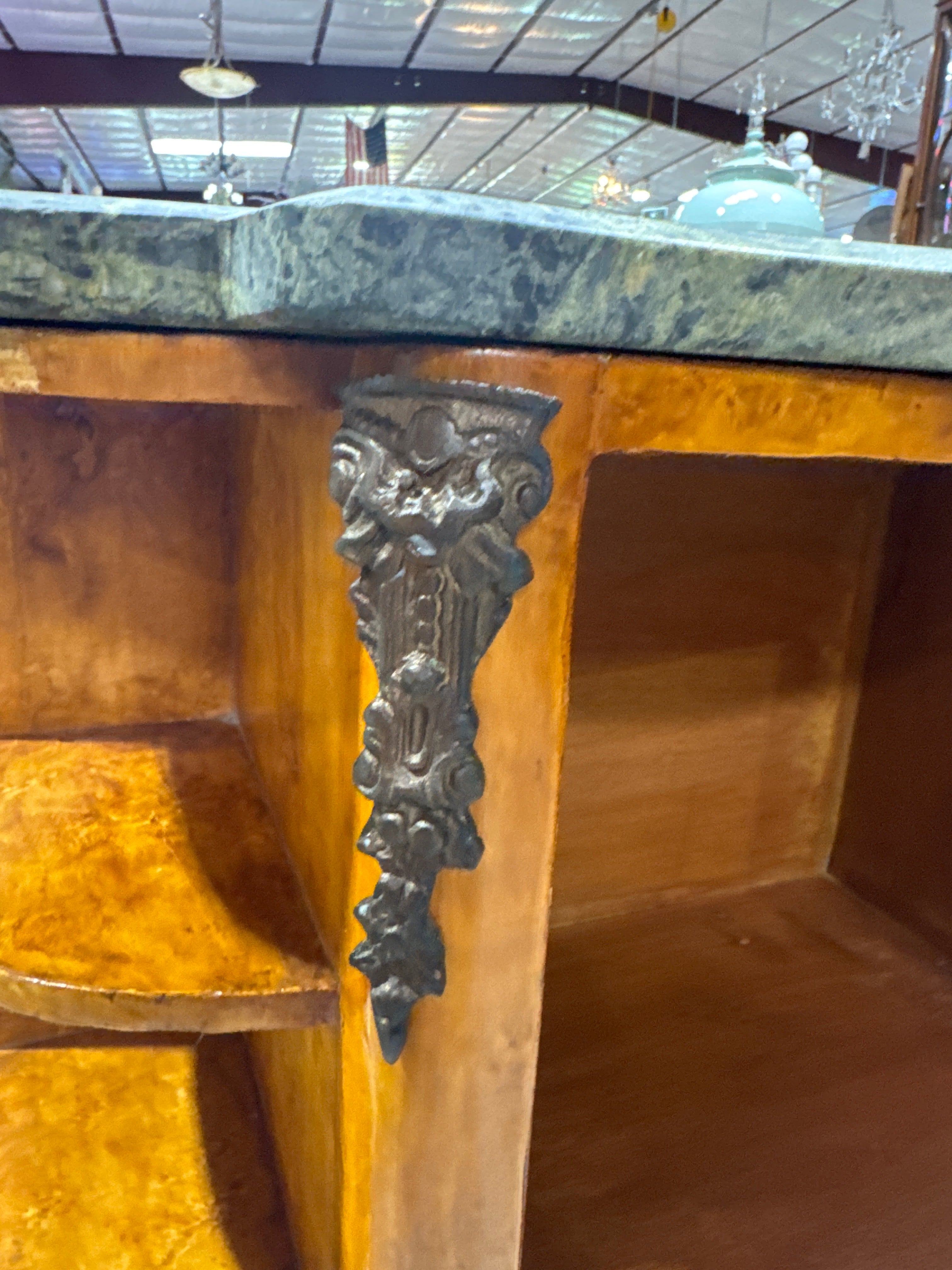 Antique French Louis XV Style Burl Commode with a Green Marble Top, Distinctive Burled Wood