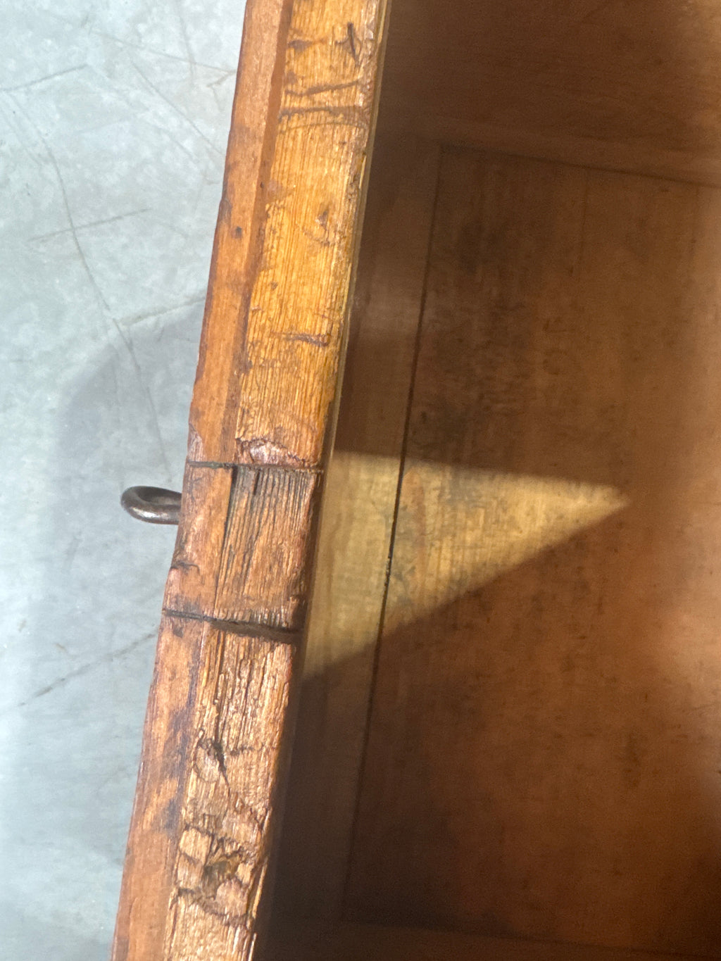 Antique Late 19th Century Primitive Lift Top Wood Carpentry Chest Trunk with Wrought Iron Latch