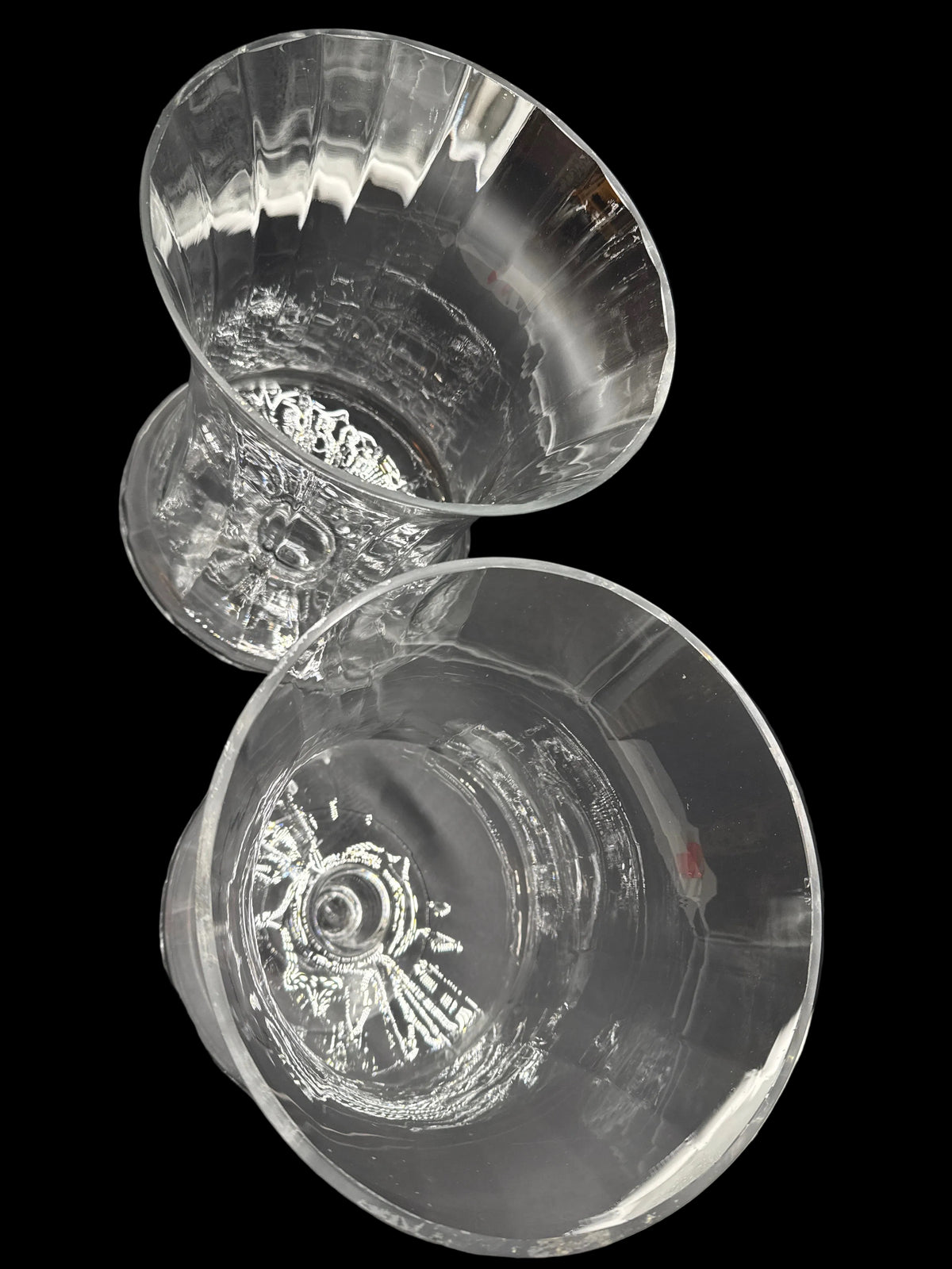 Pair of Clear Glass Fluted Top Hurricane Vases with Stemmed Pedestal Foot