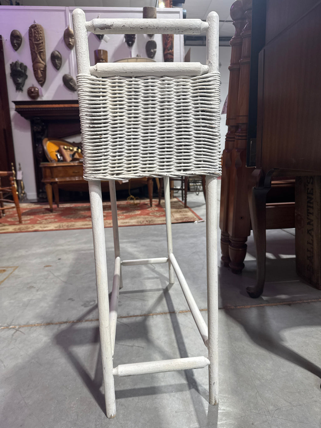 Vintage White Wicker Planter Stand with Metal Insert