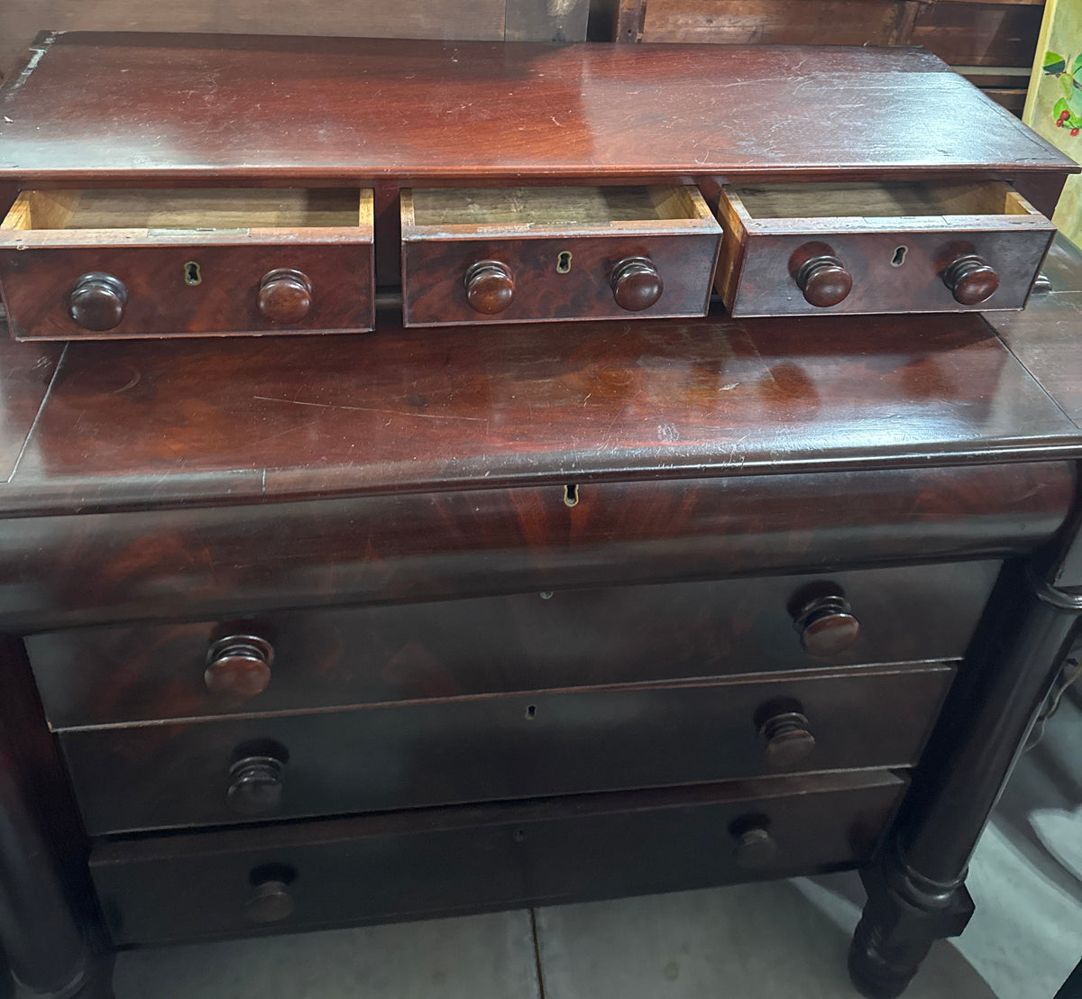 Antique Flame Mahogany Empire Chest with 3 Glove Boxes