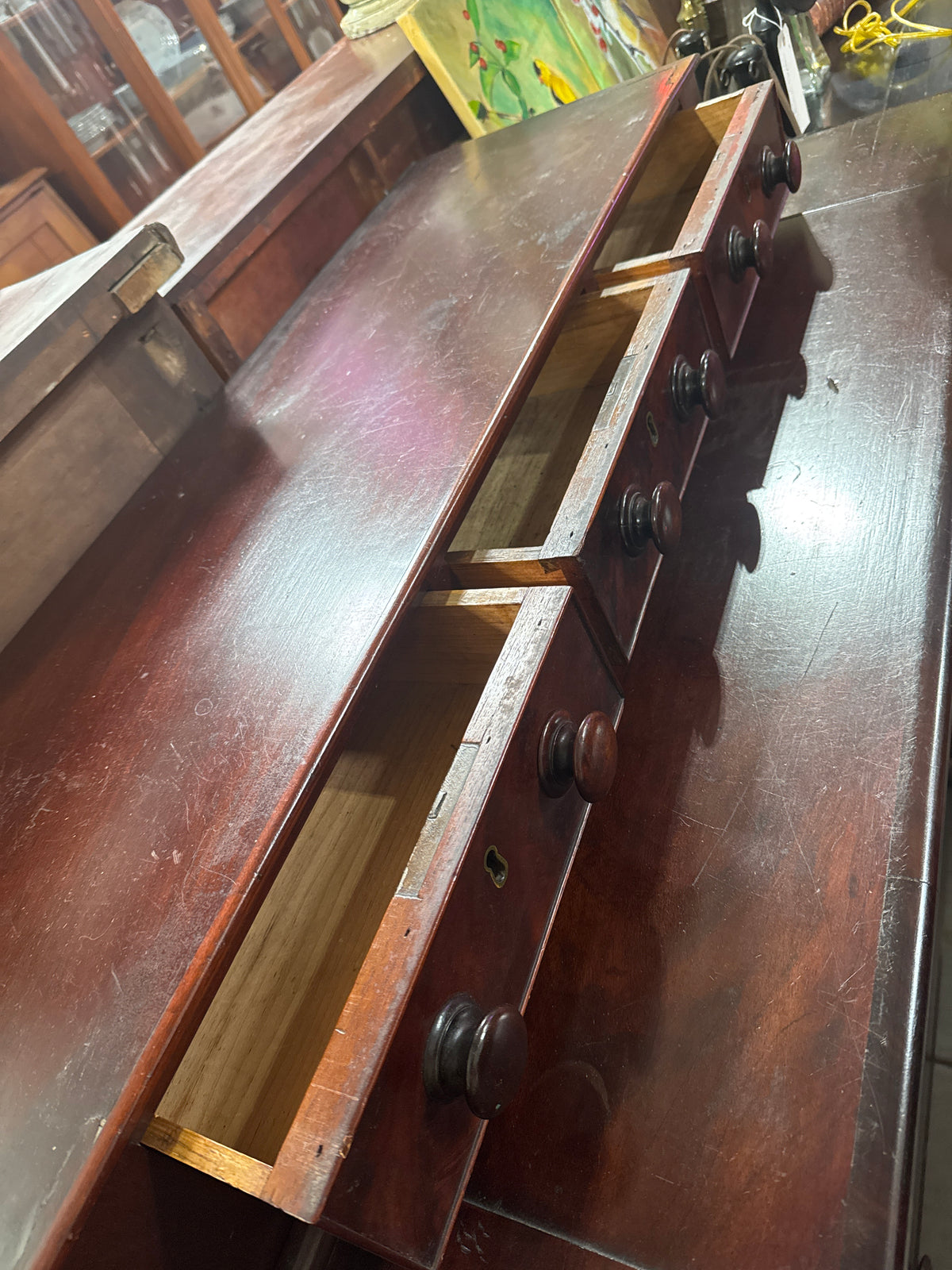 Antique Flame Mahogany Empire Chest with 3 Glove Boxes