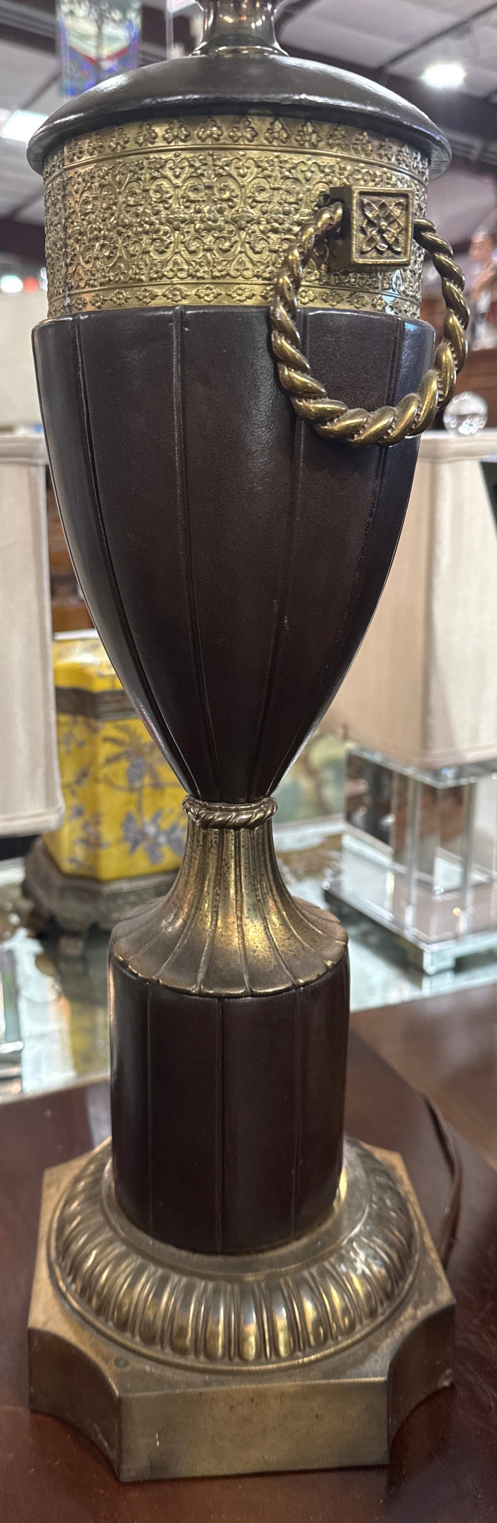 Vintage Neoclassical-Style Leather & Brass Urn Table Lamp
