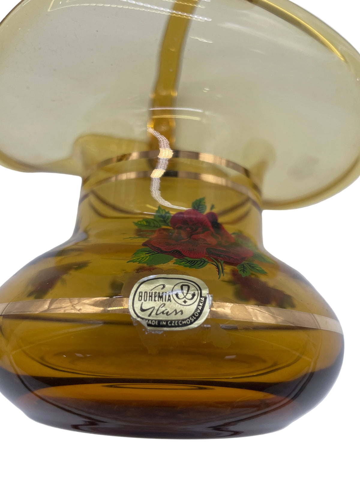 Bohemian Hand Blown Amber Hand Painted Glass Basket Made in Czechoslovakia