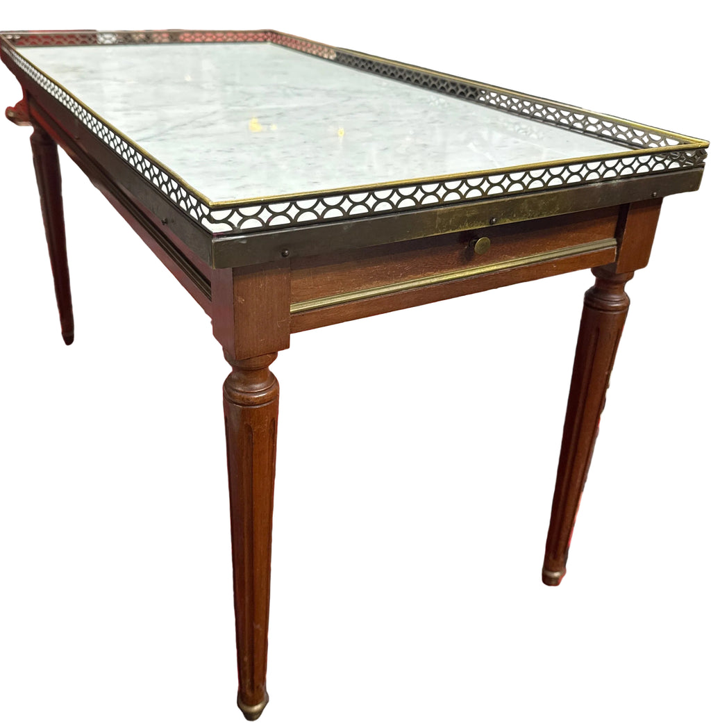 Antique French Louis XVI Style Marble Top Coffee Table with Brass Gallery