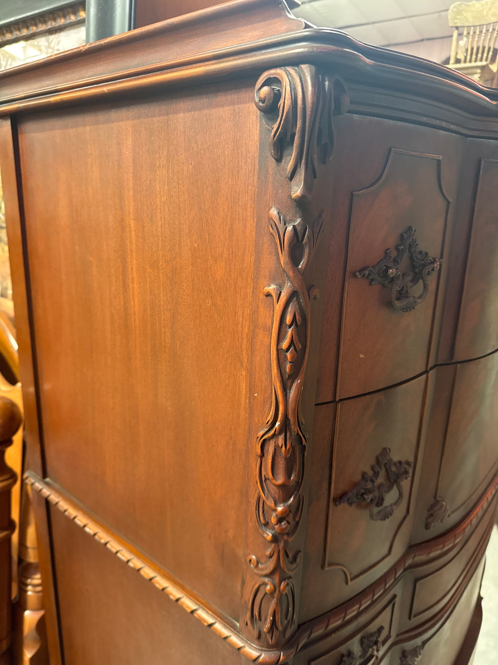 Vintage Tall Carved Mahogany Chinese Chippendale Style Bow Front High 5 Drawer Chest Dresser