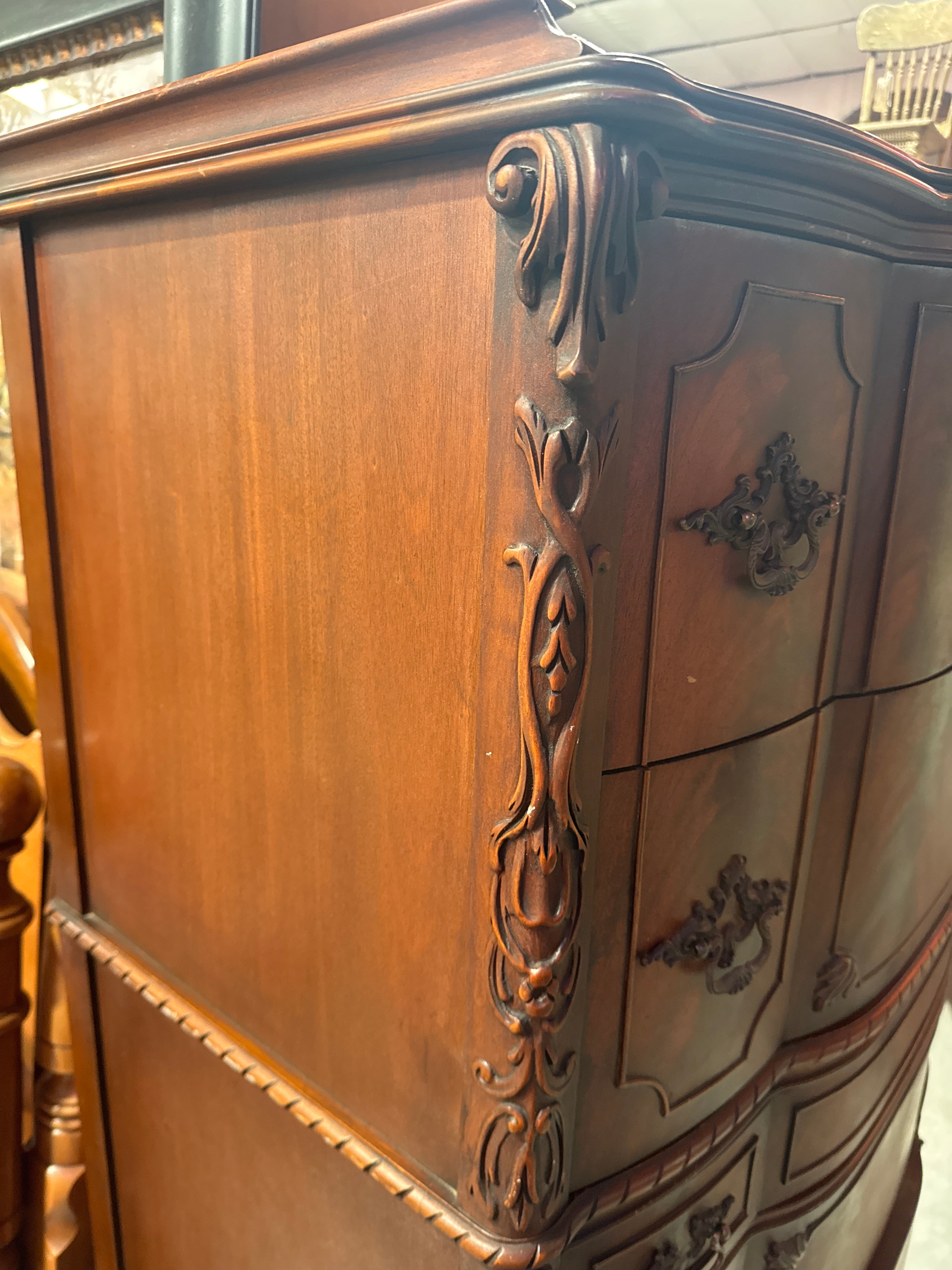 Vintage Tall Carved Mahogany Chinese Chippendale Style Bow Front High 5 Drawer Chest Dresser